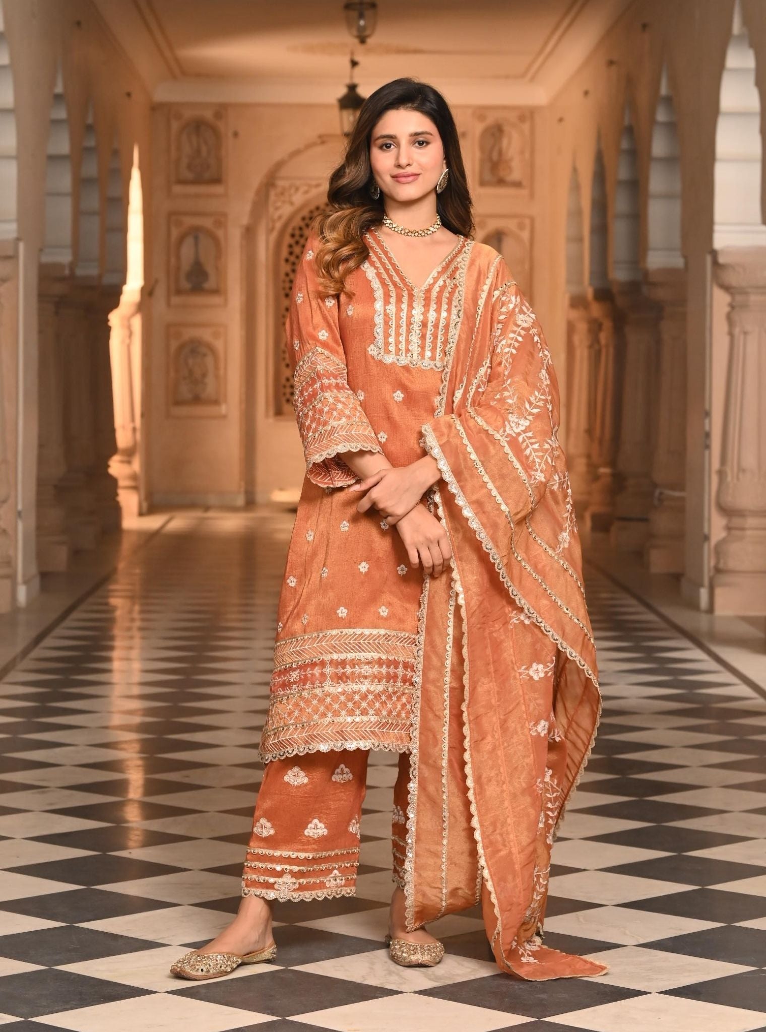 Mulmul Luxe Tissue Satin Sajni Burnt Orange Kurta with Mulmul Luxe Tissue Satin Sajni Burnt Orange Pant