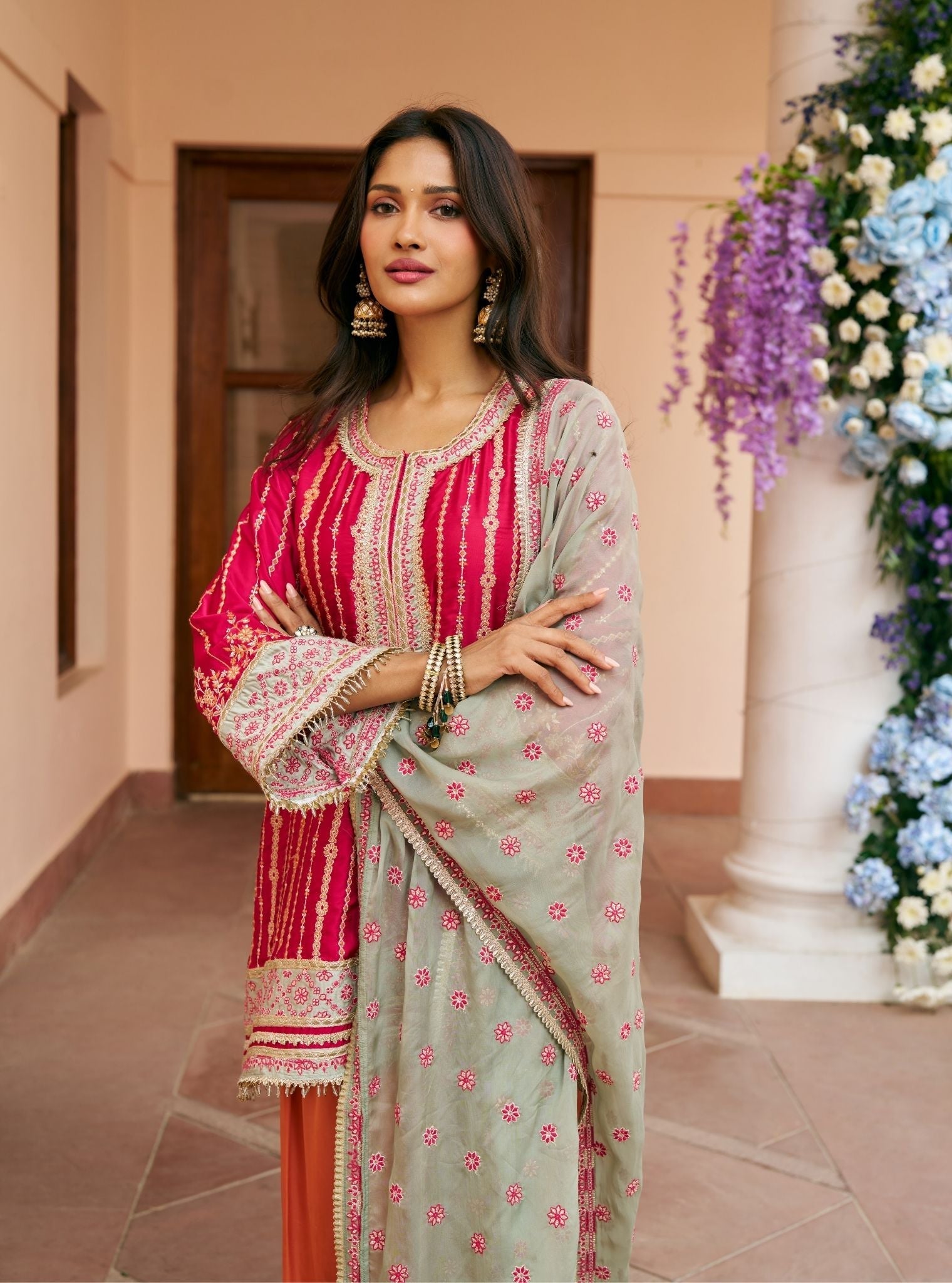Jhumri Cupro Satin Rani Pink Kurta Set