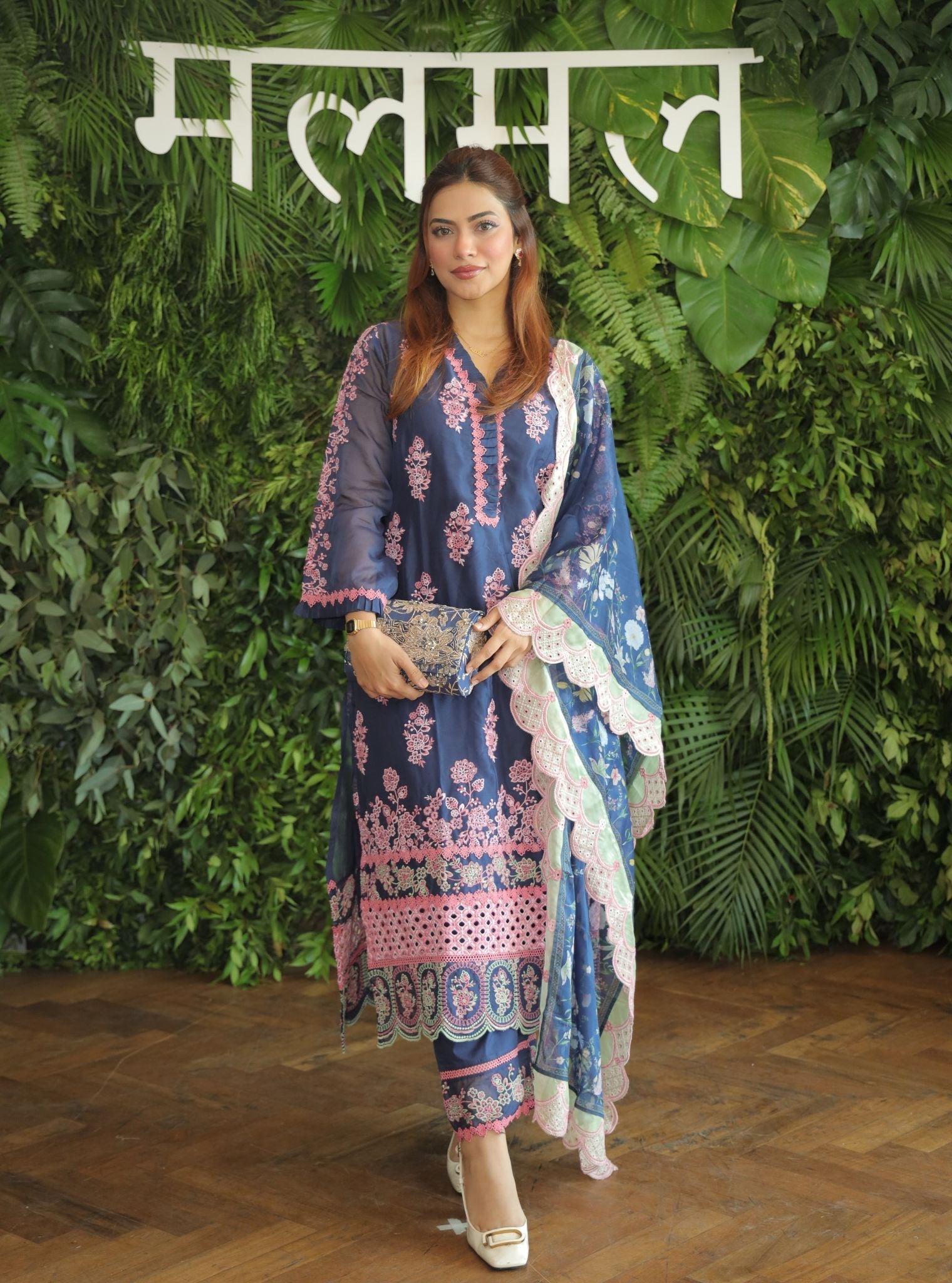 Mulmul Organza Valara Navy Kurta With Mulmul Cotton Valara Navy Pant