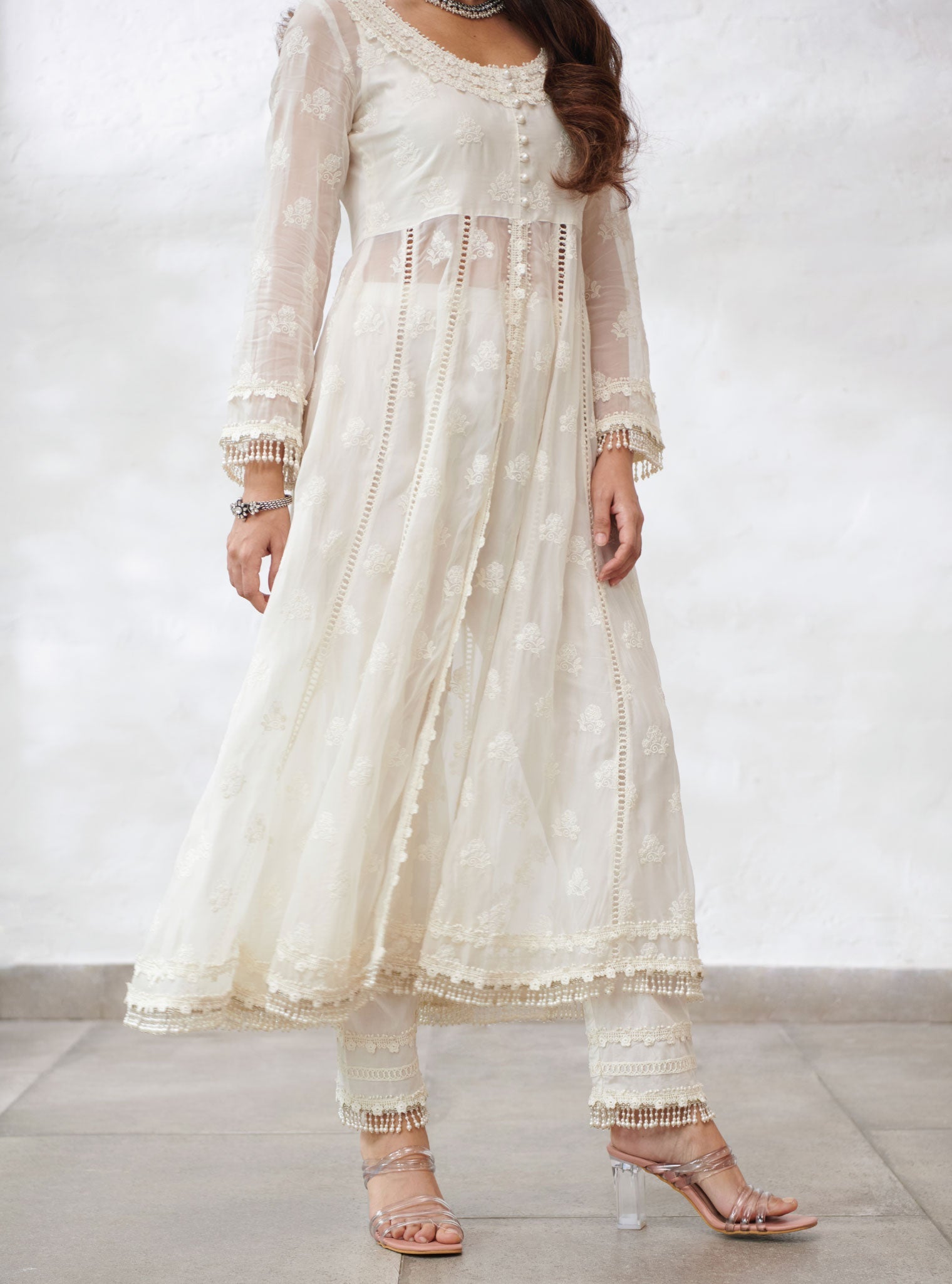 Mulmul Organza Somerset Off White Anarkali Kurta With Cotton Somerset Off White Pant