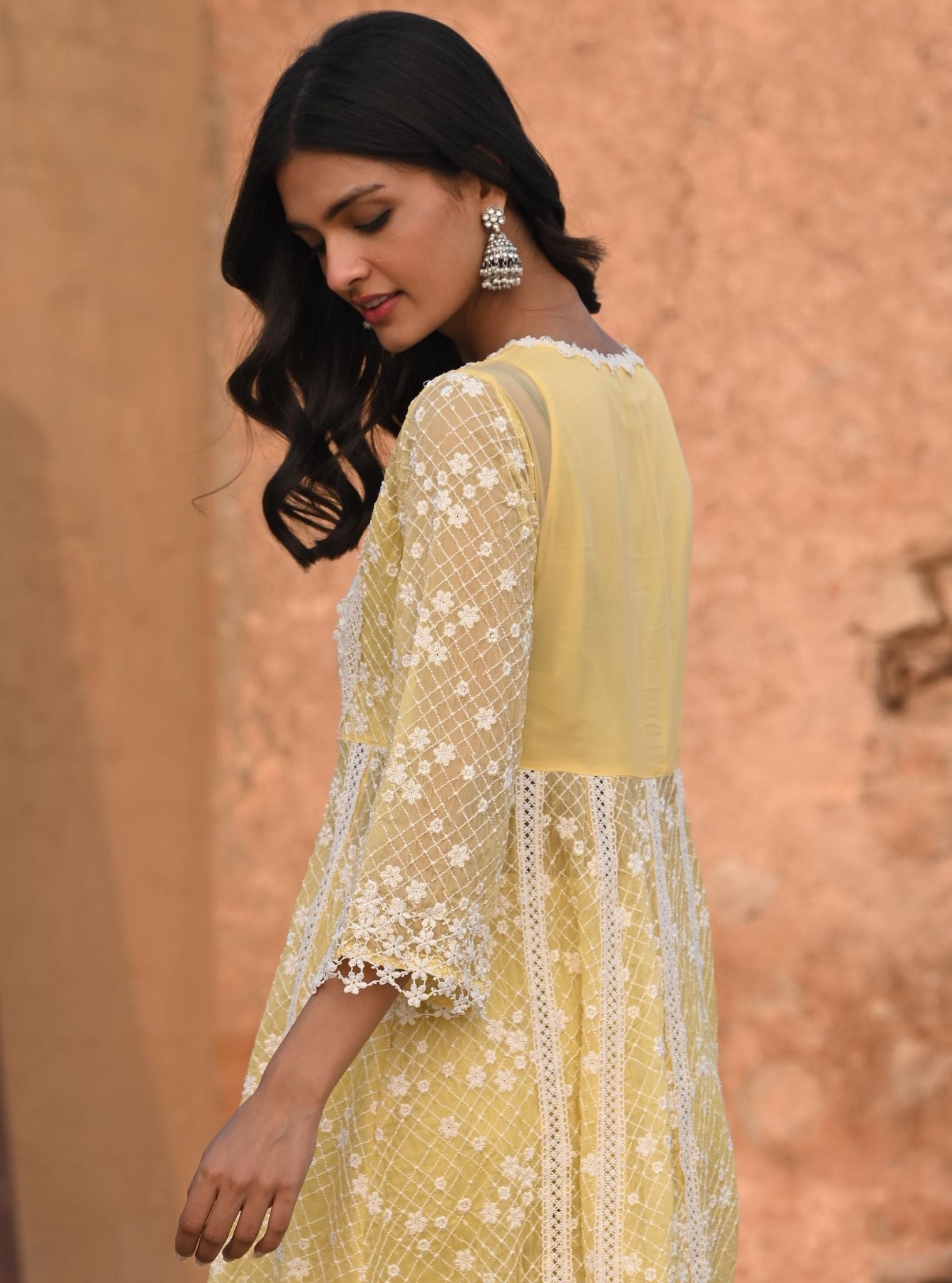 Mulmul Organza Zola Yellow Anarkali Kurta With Mulmul Cotton Zola Yellow Pant