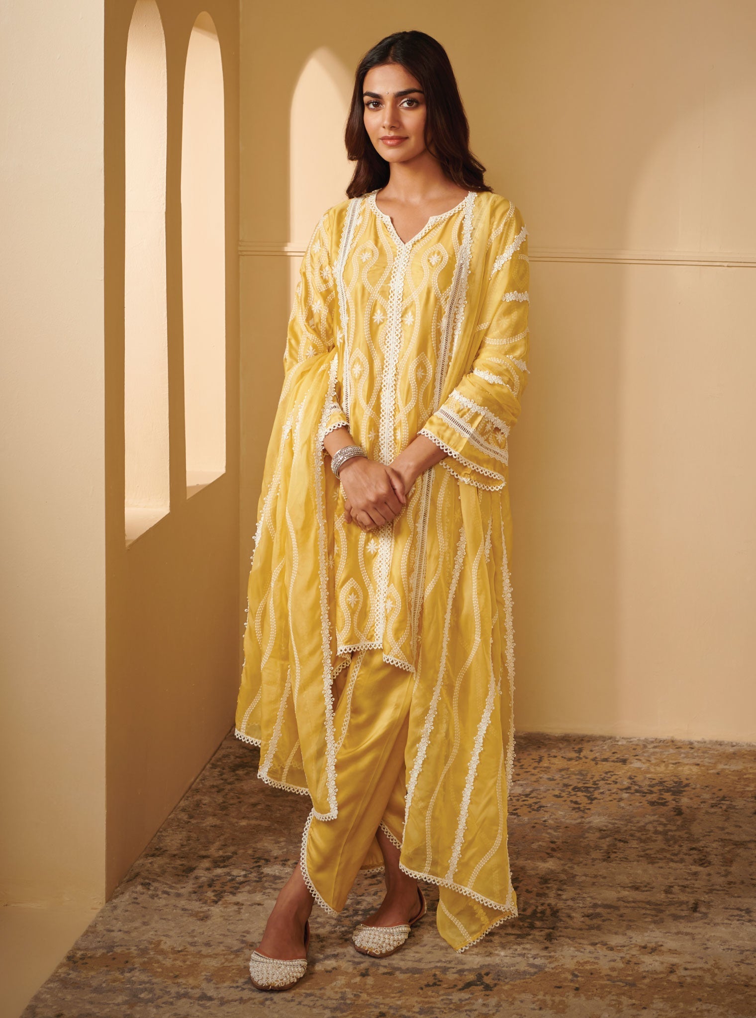 Mulmul Cupro Silk Semya Yellow Kurta With Semya Yellow Dhoti Pant