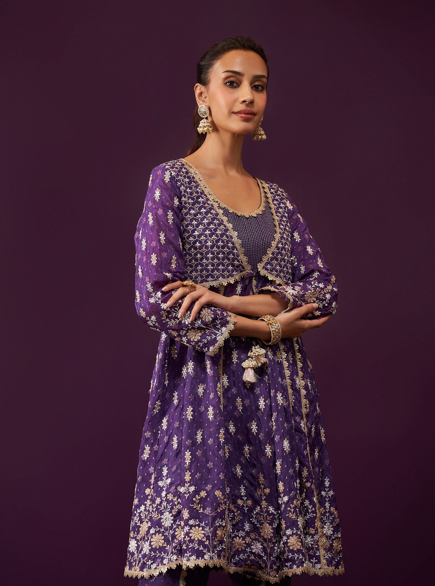 Mulmul Banarsi Nyah Purple Short Anarkali Kurta With Mulmul Banarsi Nyah Purple Dhoti Pant