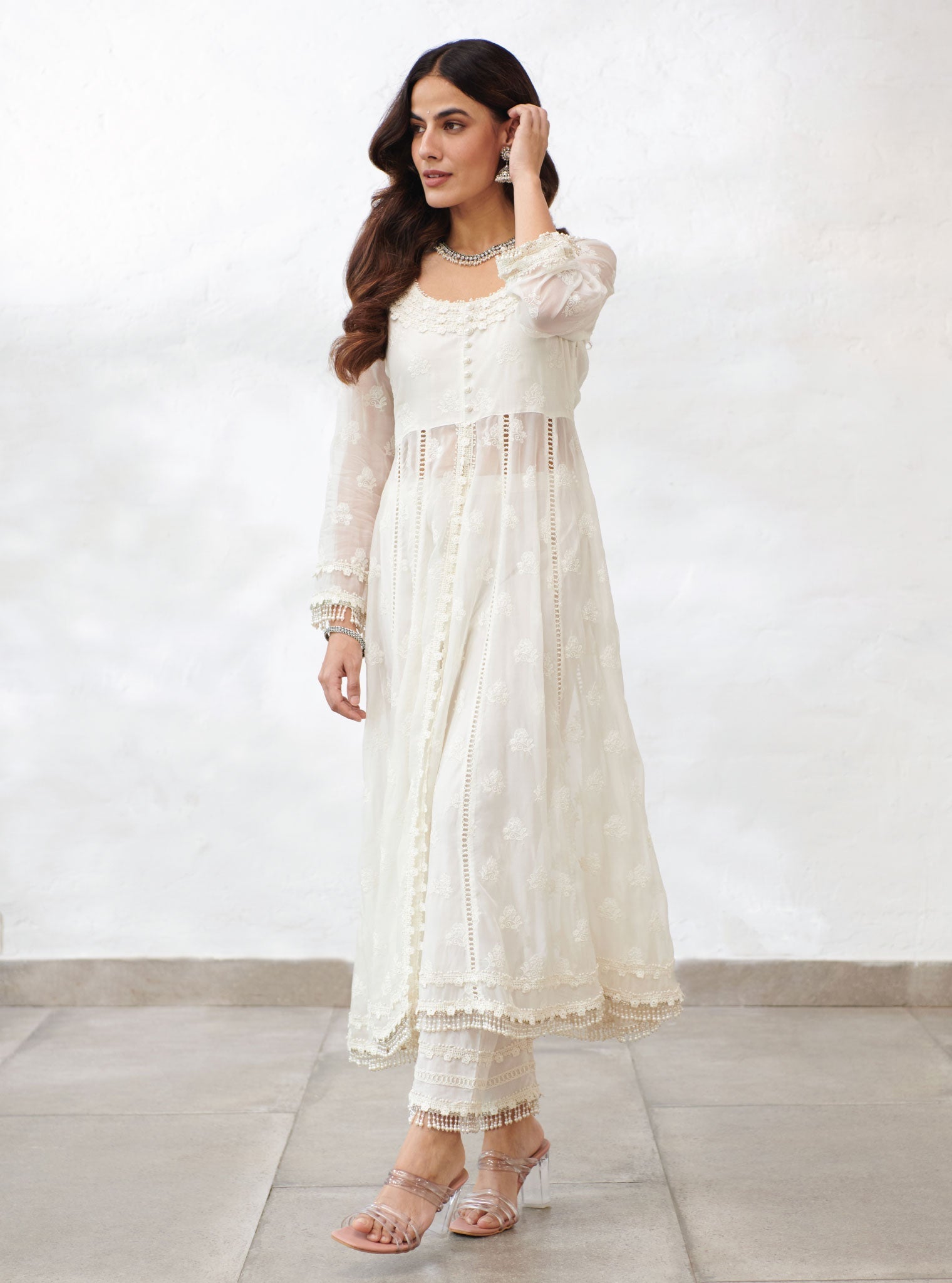 Mulmul Organza Somerset Off White Anarkali Kurta With Cotton Somerset Off White Pant