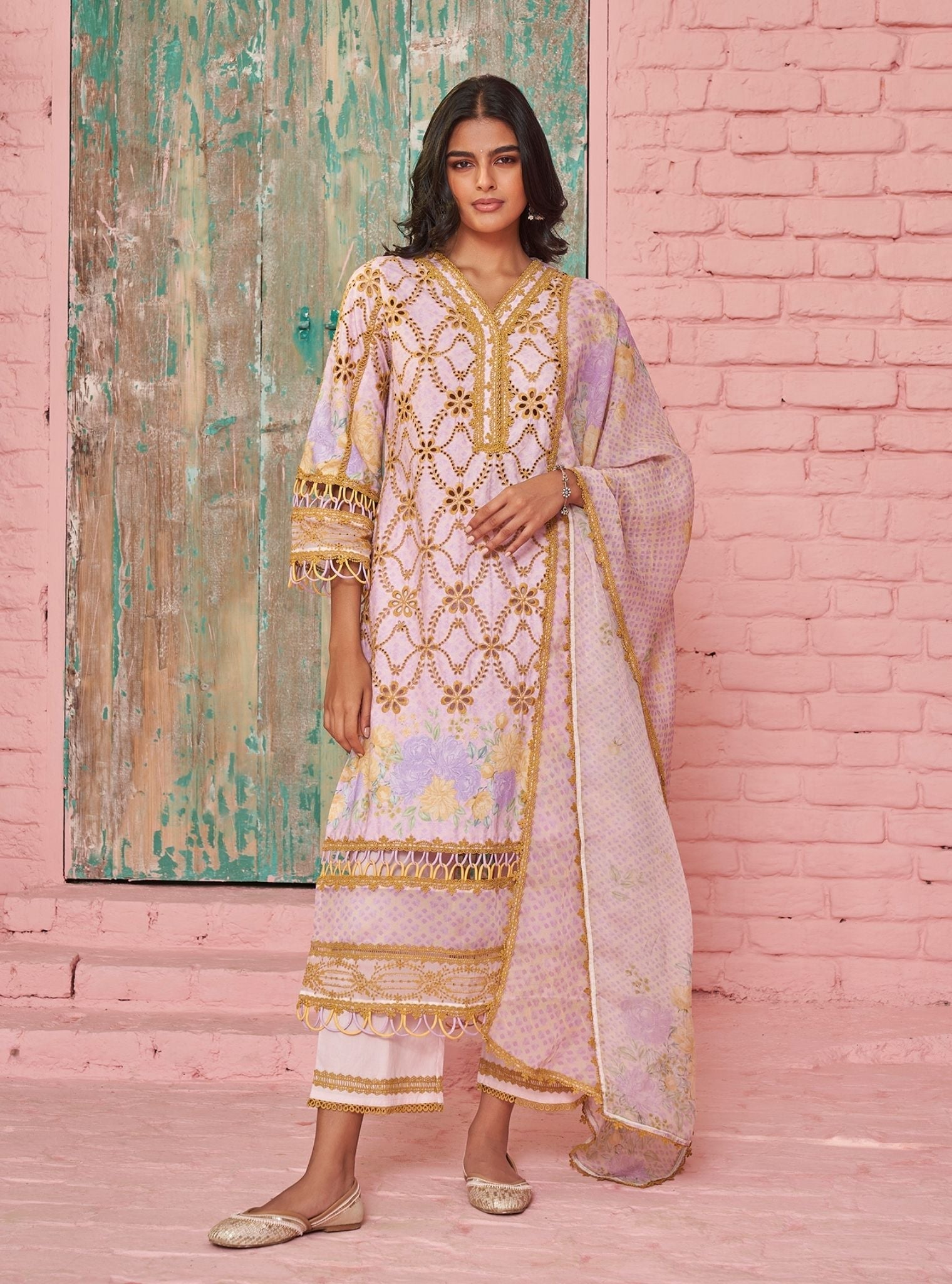 Mulmul Cotton Printed Poema Pink Kurta With Mulmul Cotton Poema Pink Pant