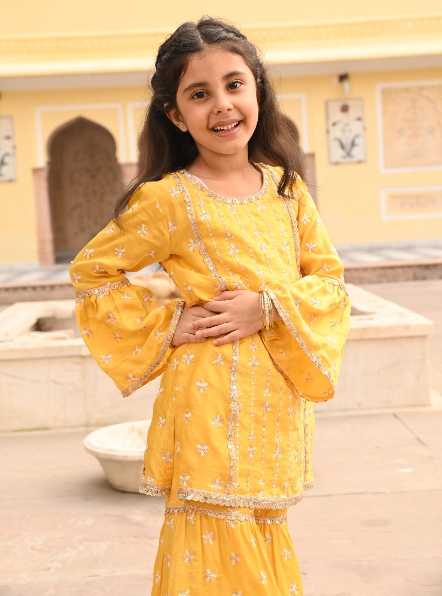 Mulmul Modal Satin Pyaari Yellow Kurta with Mulmul Modal Satin Pyaari Yellow Garara