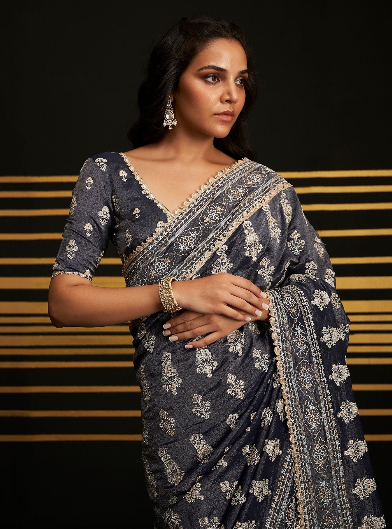 Mulmul Royal Tissue Rangrez Navy Saree