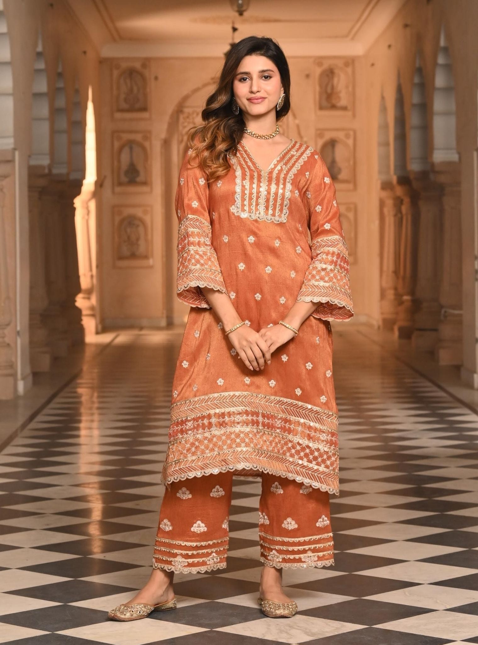 Mulmul Luxe Tissue Satin Sajni Burnt Orange Kurta with Mulmul Luxe Tissue Satin Sajni Burnt Orange Pant