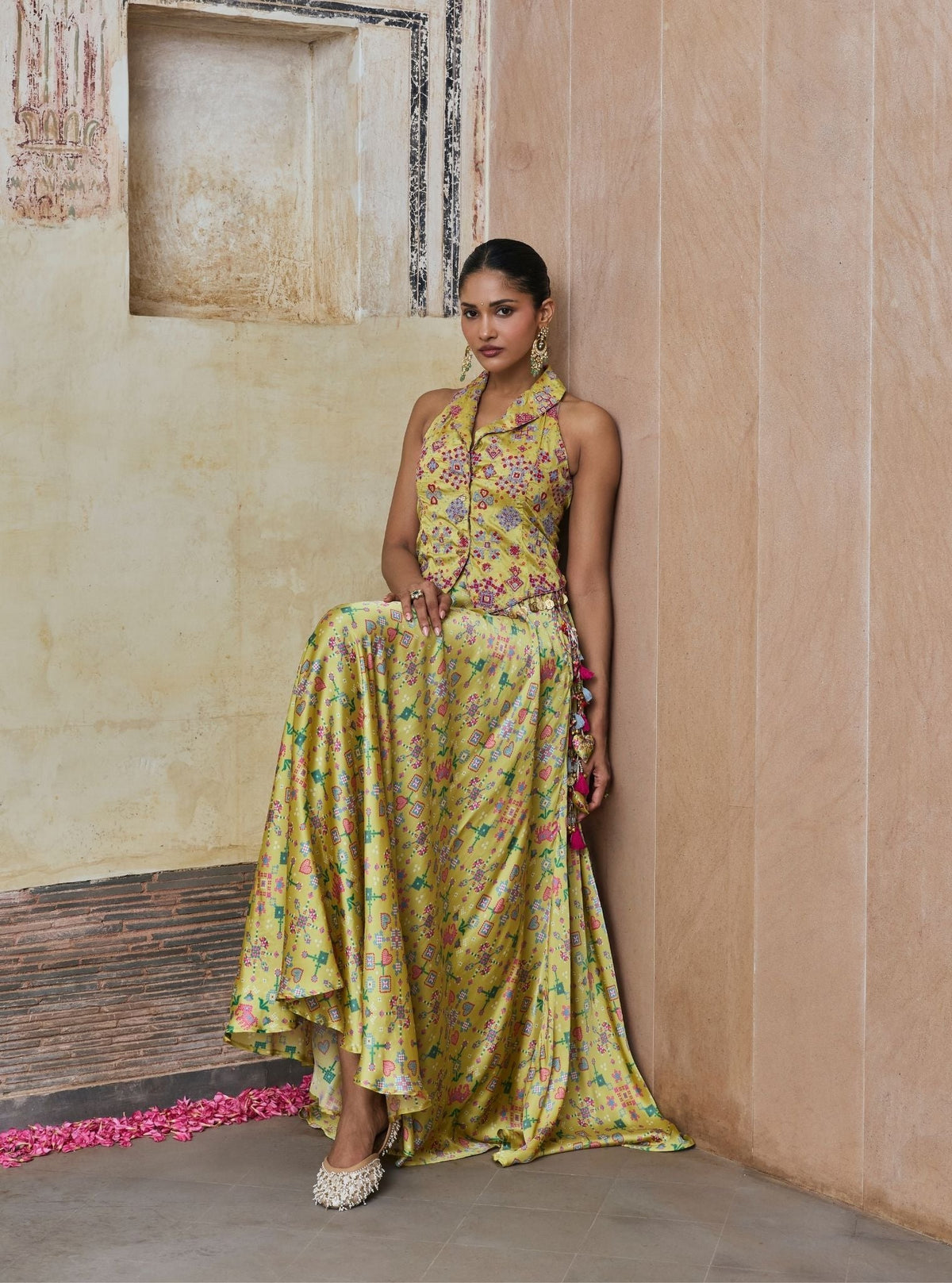 Sarangni Bemberg Raw Silk Printed Lime Waistcoat & Skirt Set