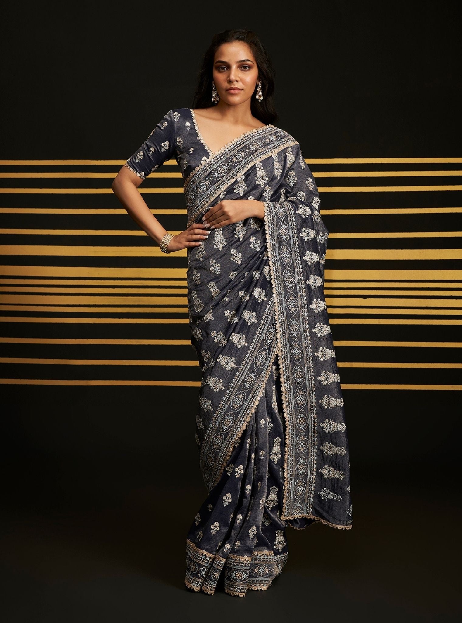 Mulmul Royal Tissue Rangrez Navy Saree