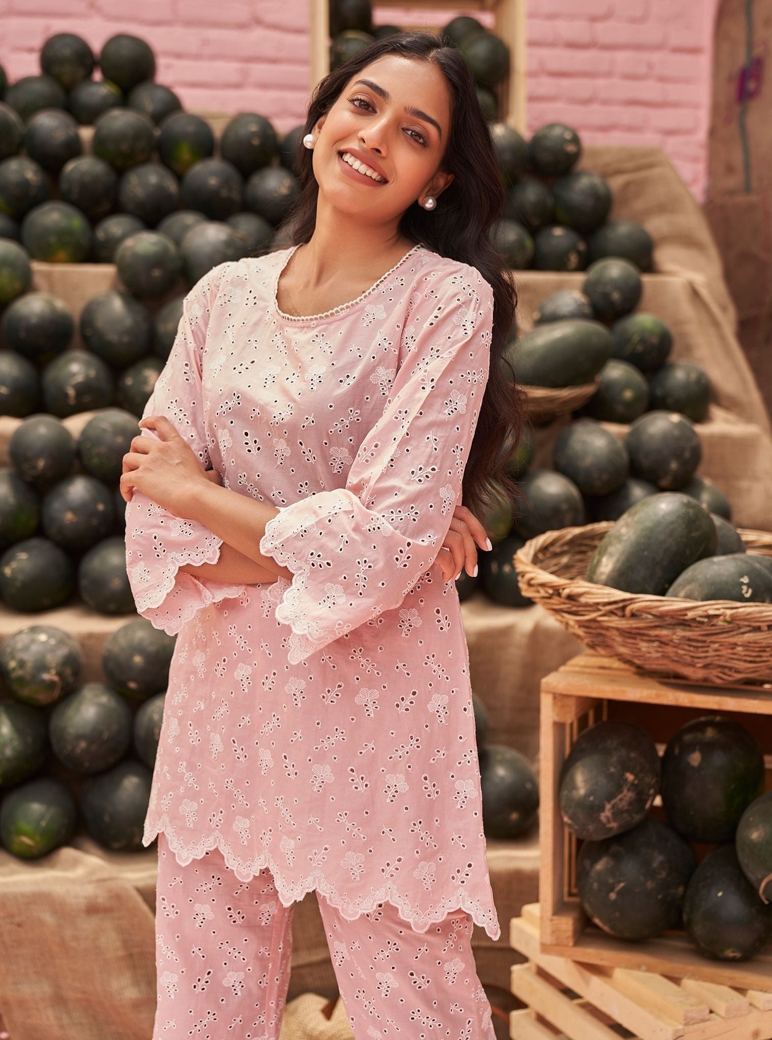 Mulmul Cotton Hannah Light Pink Top With Mulmul Cotton Hannah Light Pink Pant