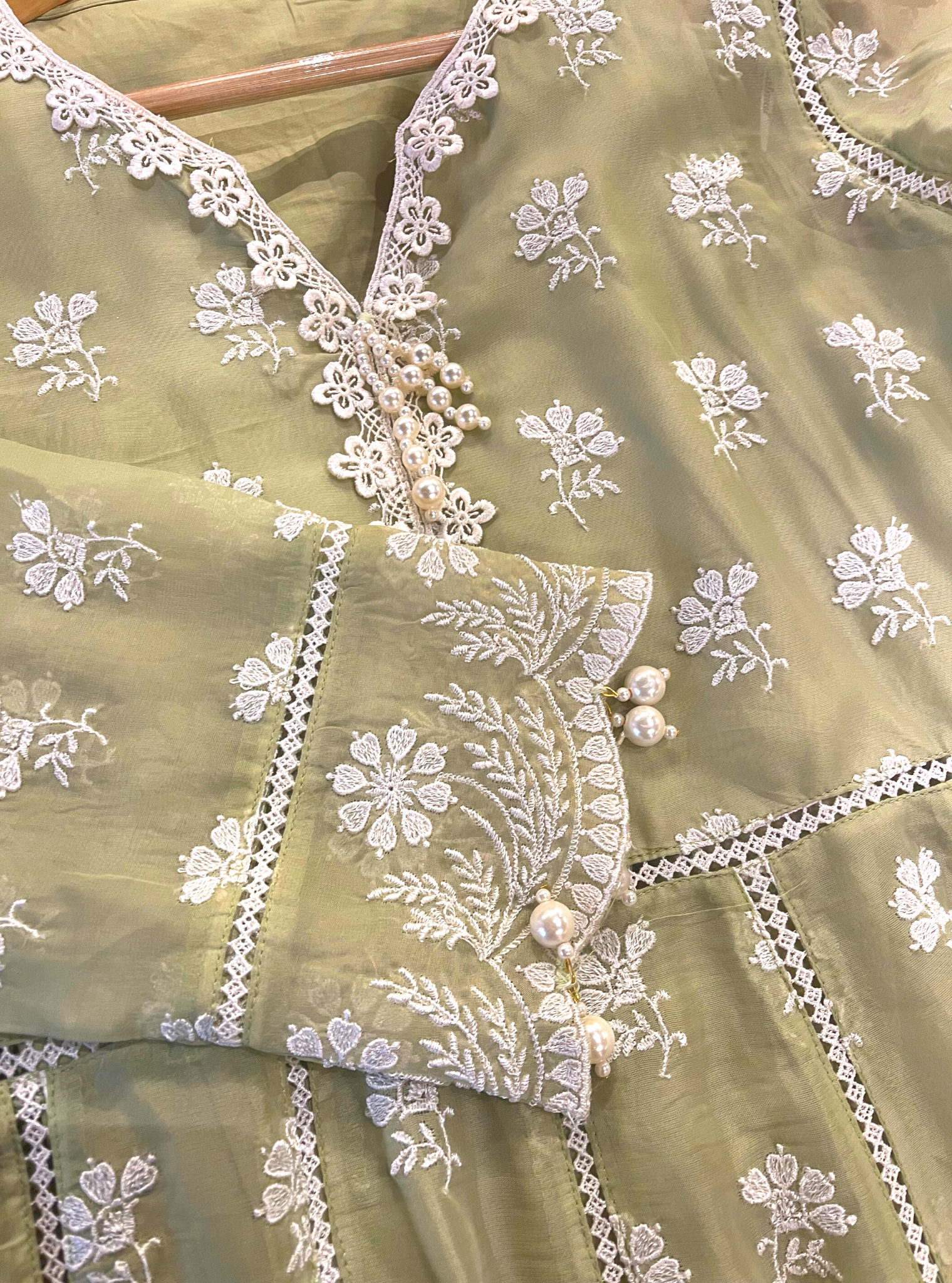 Mulmul Organza Anarkali Surla Green Kurta With Mulmul Cotton Surla Green Pant