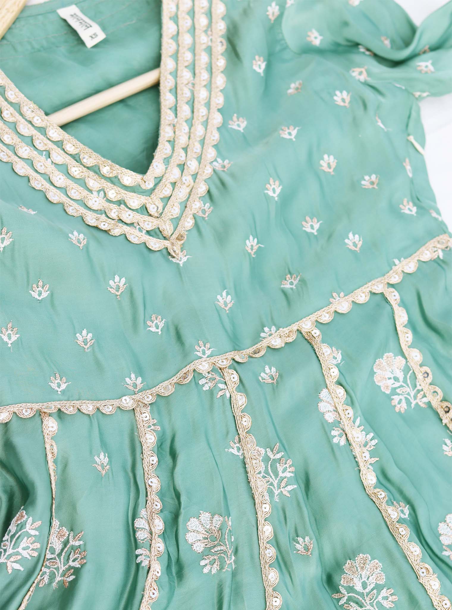 Mulmul Organza Satin Tareefan Teal Blue Anarkali Kurta with Mulmul Modal Satin Tareefan Teal Blue Pant