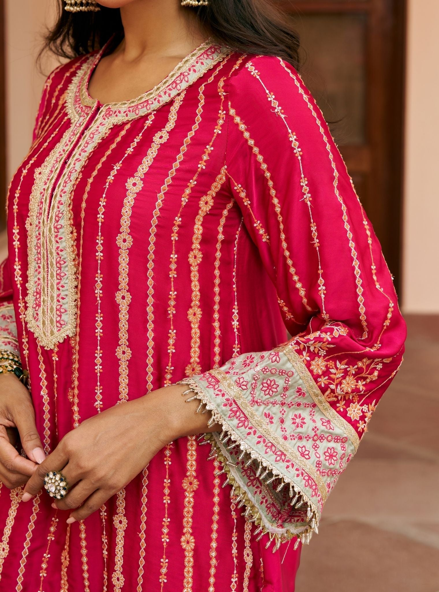 Jhumri Cupro Satin Rani Pink Kurta Set