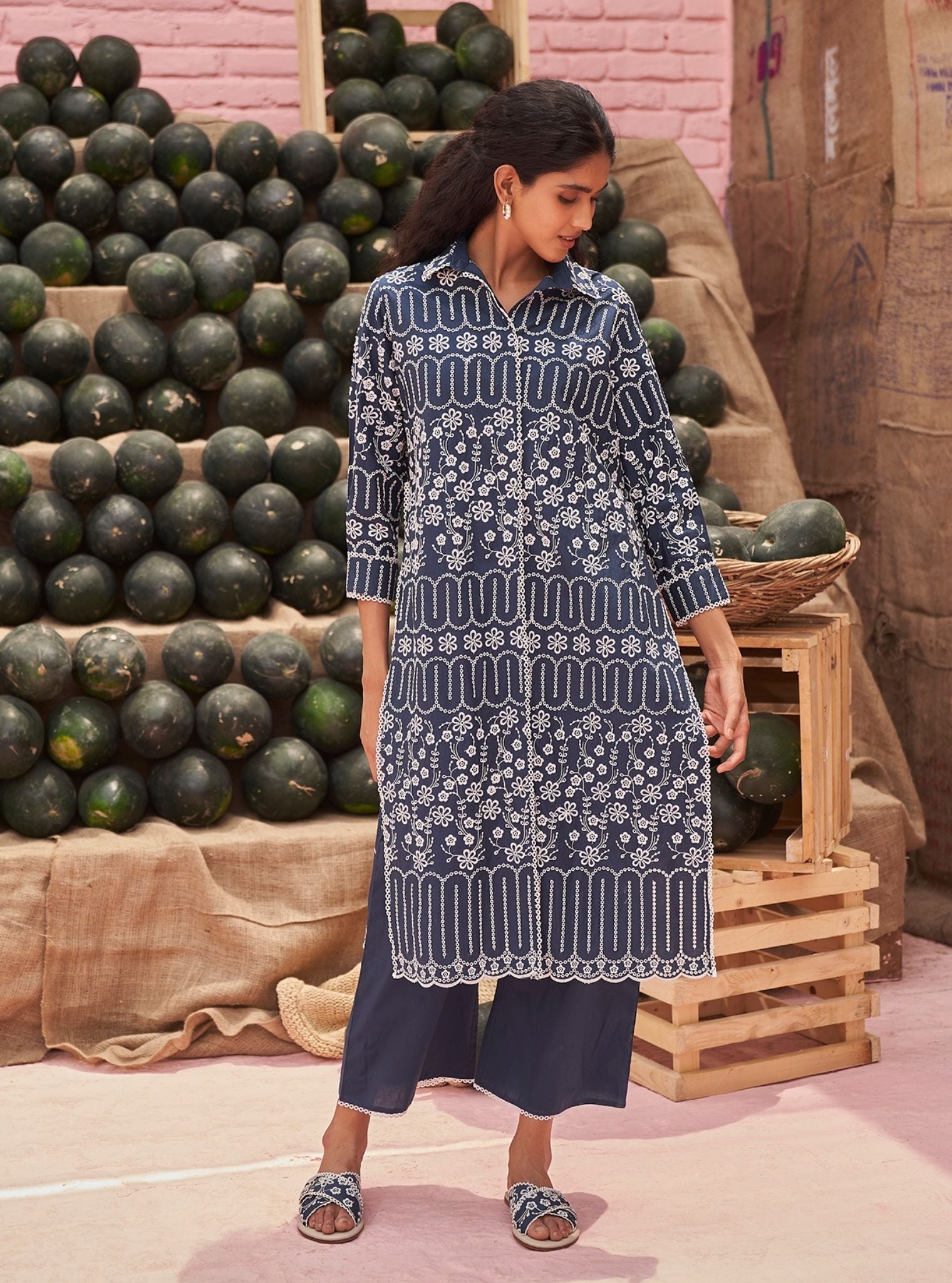 Mulmul Cotton Heli Navy Long Kurta