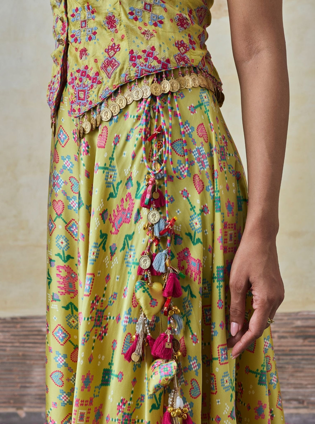 Sarangni Bemberg Raw Silk Printed Lime Waistcoat & Skirt Set