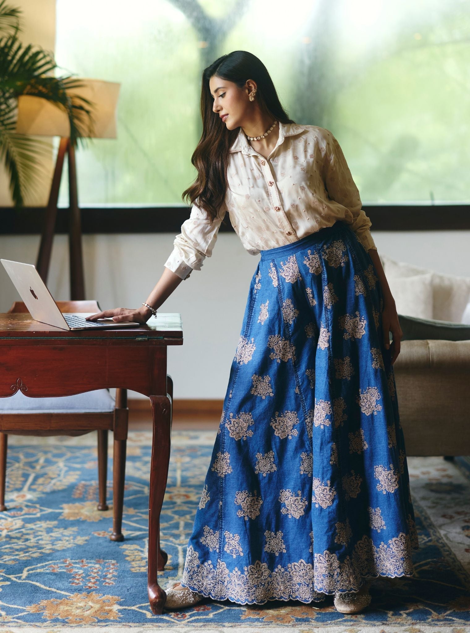 Mireya Cupro Satin Denim Sharara Set