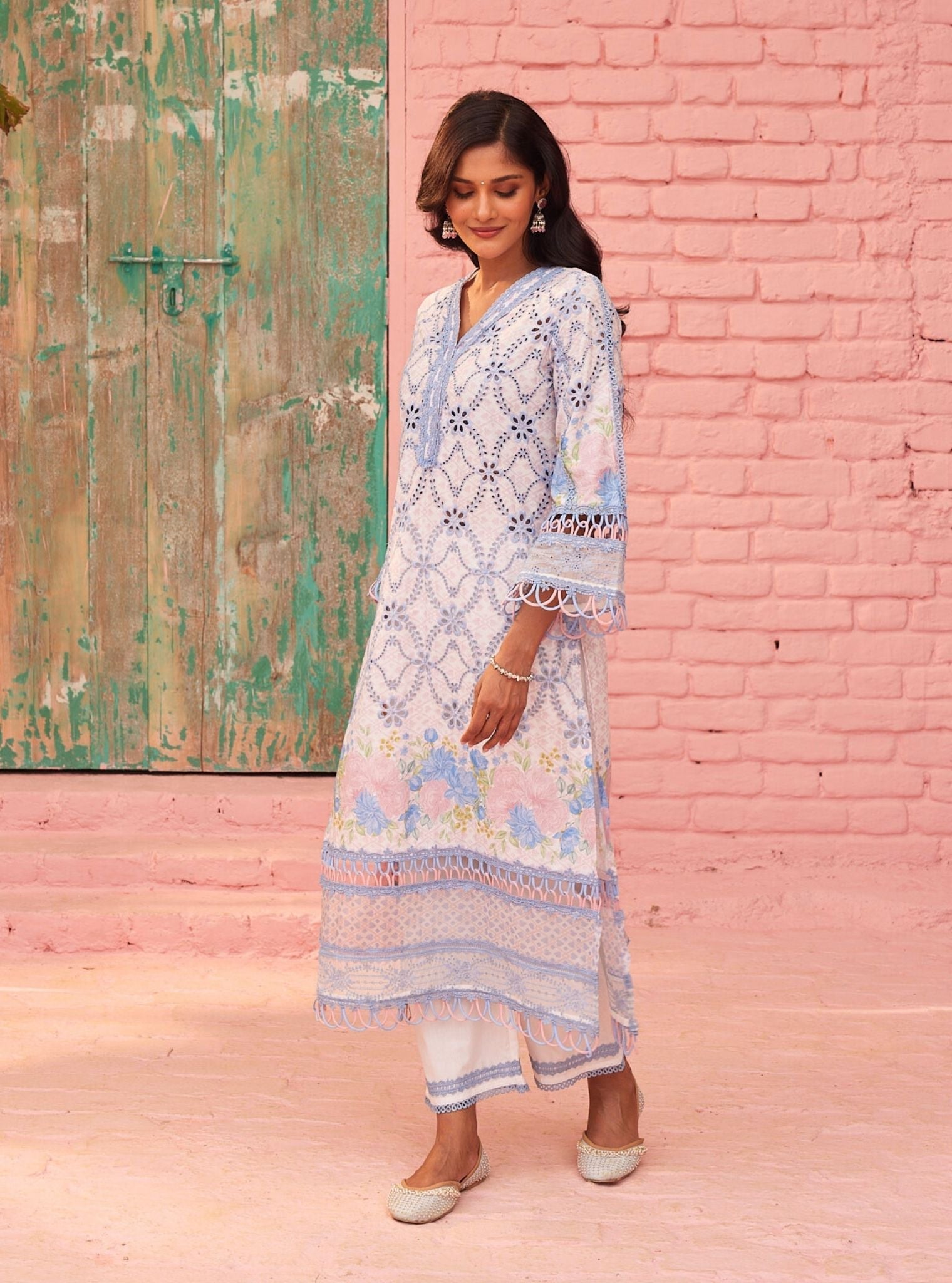 Mulmul Cotton Printed Poema White Kurta With Mulmul Cotton Poema White Pant