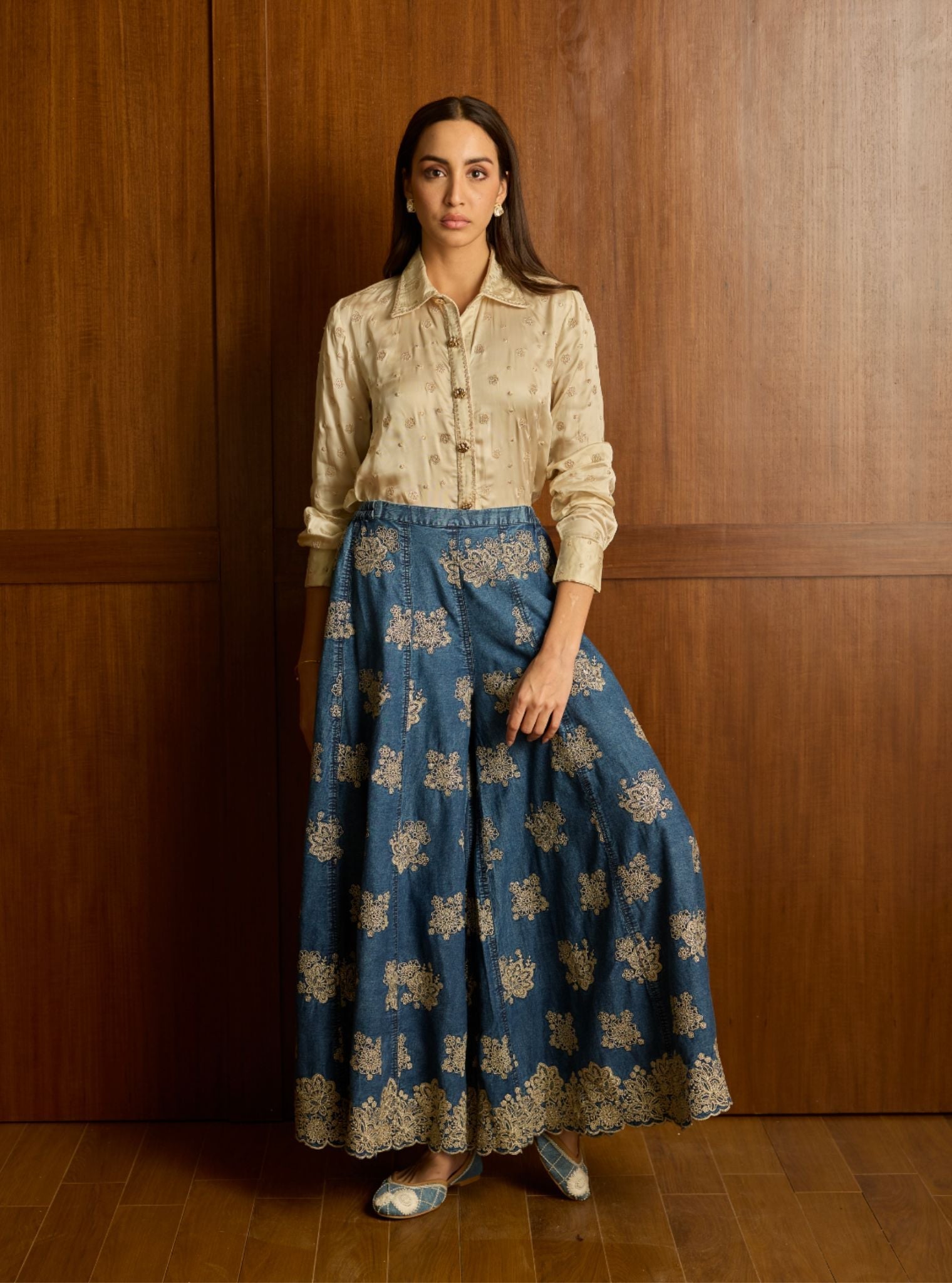 Mireya Cupro Satin Denim Sharara Set