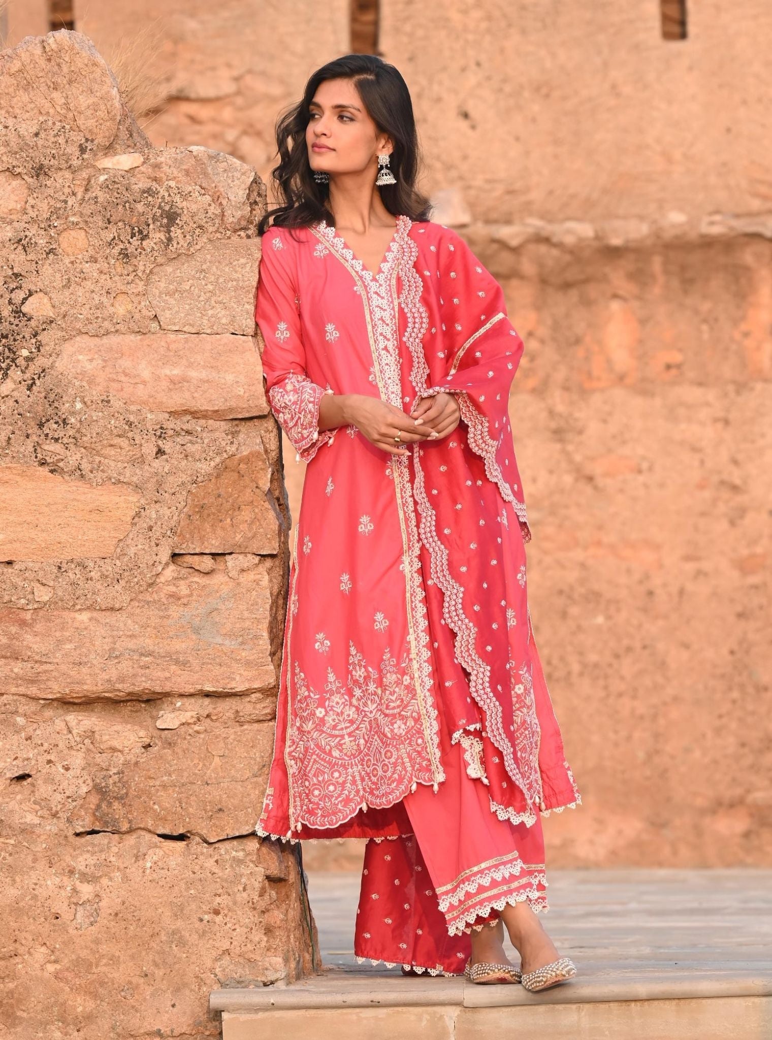 Mulmul Cotton Swan Red Kurta With Swan Red Pant