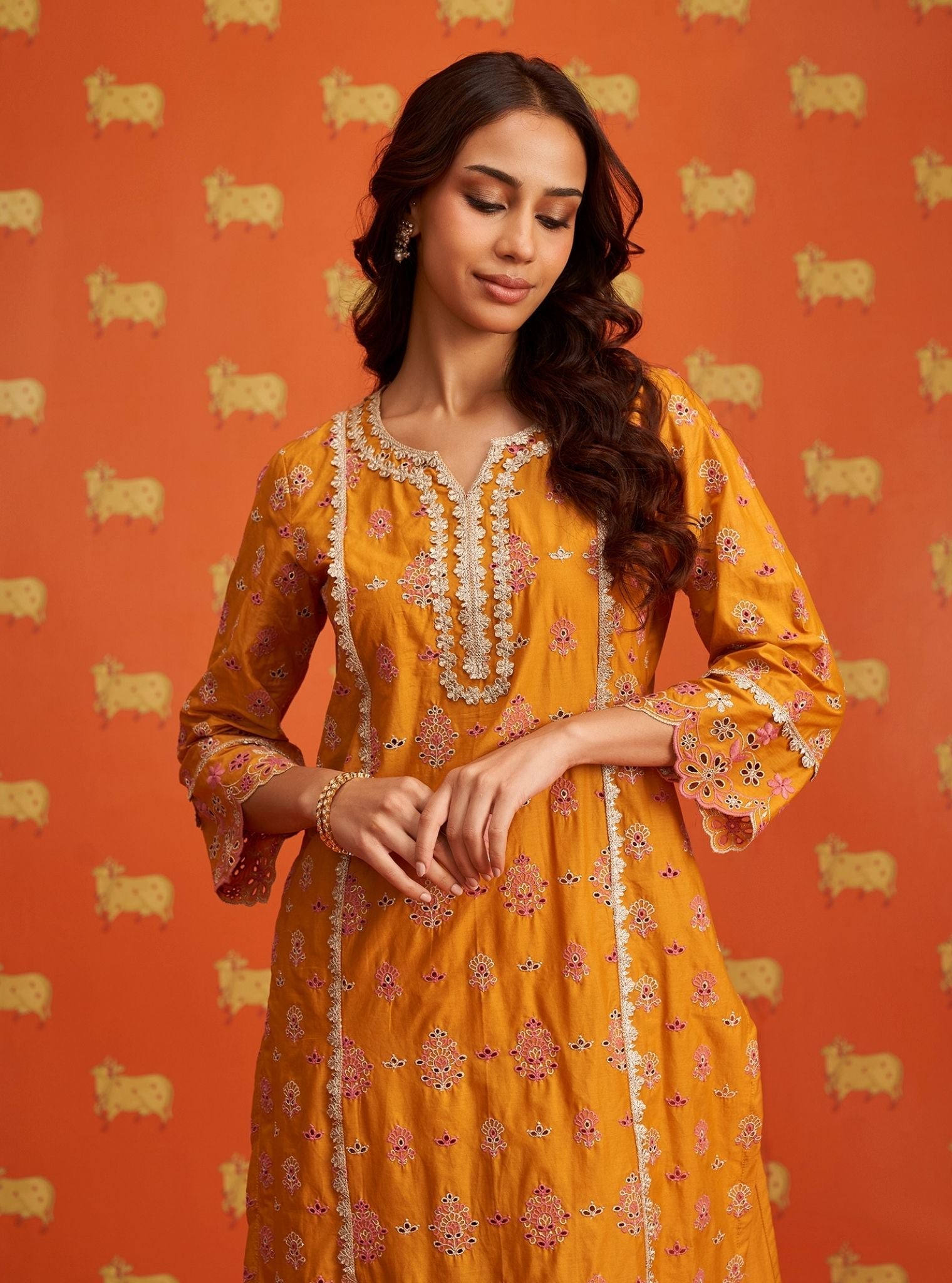 Mulmul Cotton Lamai Orange Kurta With Mulmul Cotton Lamai Orange Pant