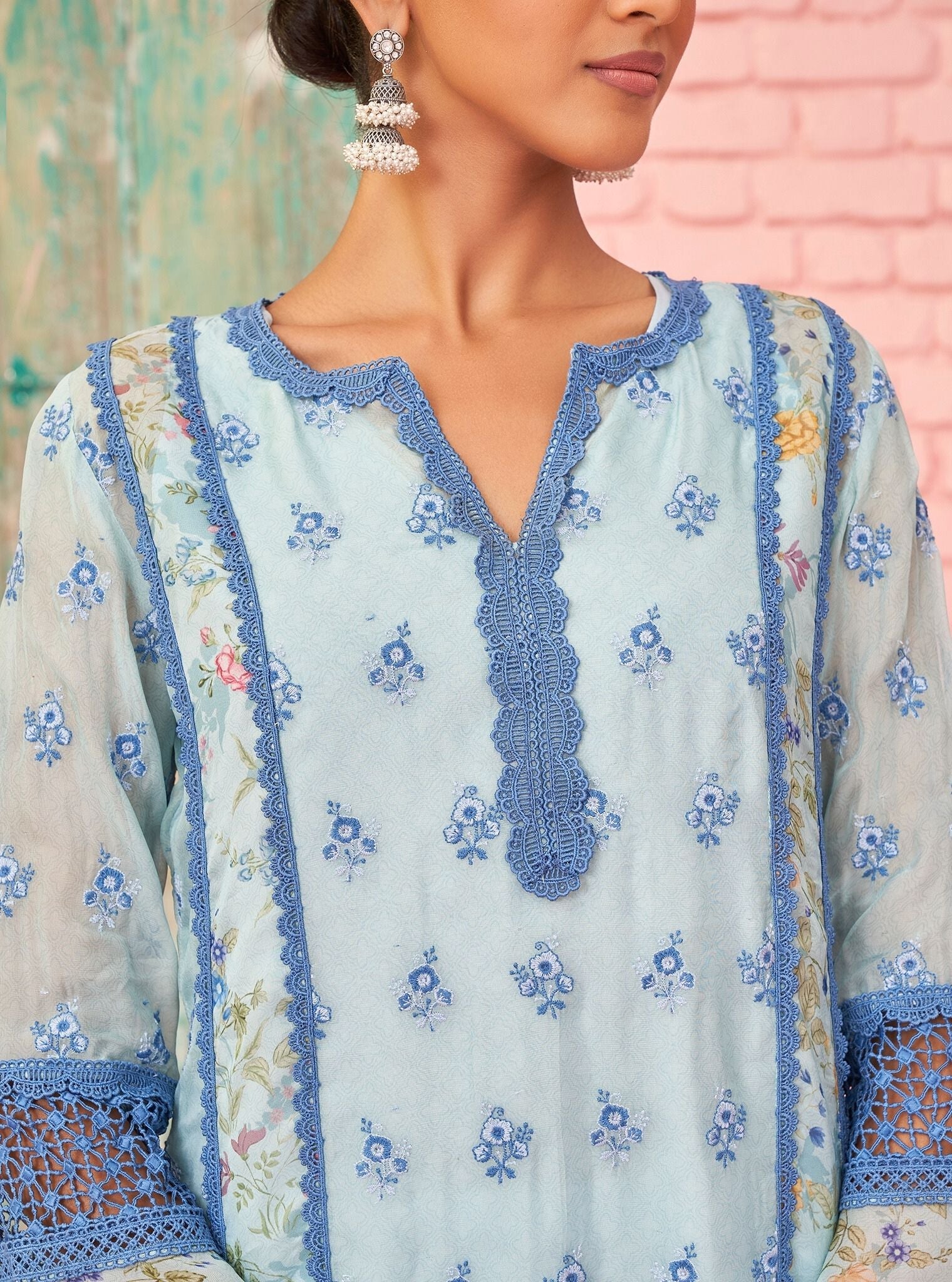 Mulmul Organza Printed Alwen Blue Kurta With Mulmul Cotton Alwen Blue Pant