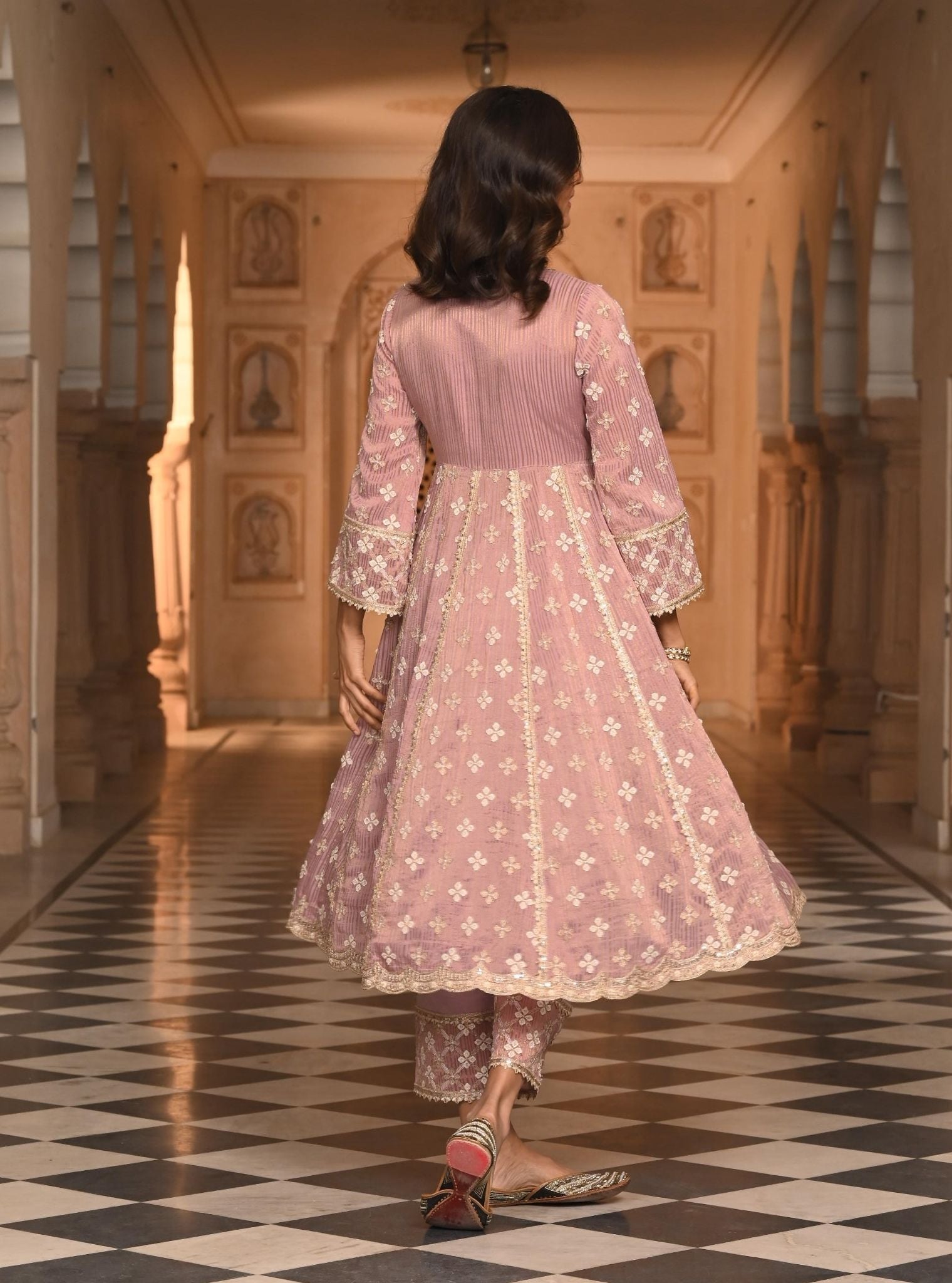 Mulmul Banarsi Bhumbro Lilac Anarkali Kurta with Mulmul Pima Satin Bhumbro Lilac Pant