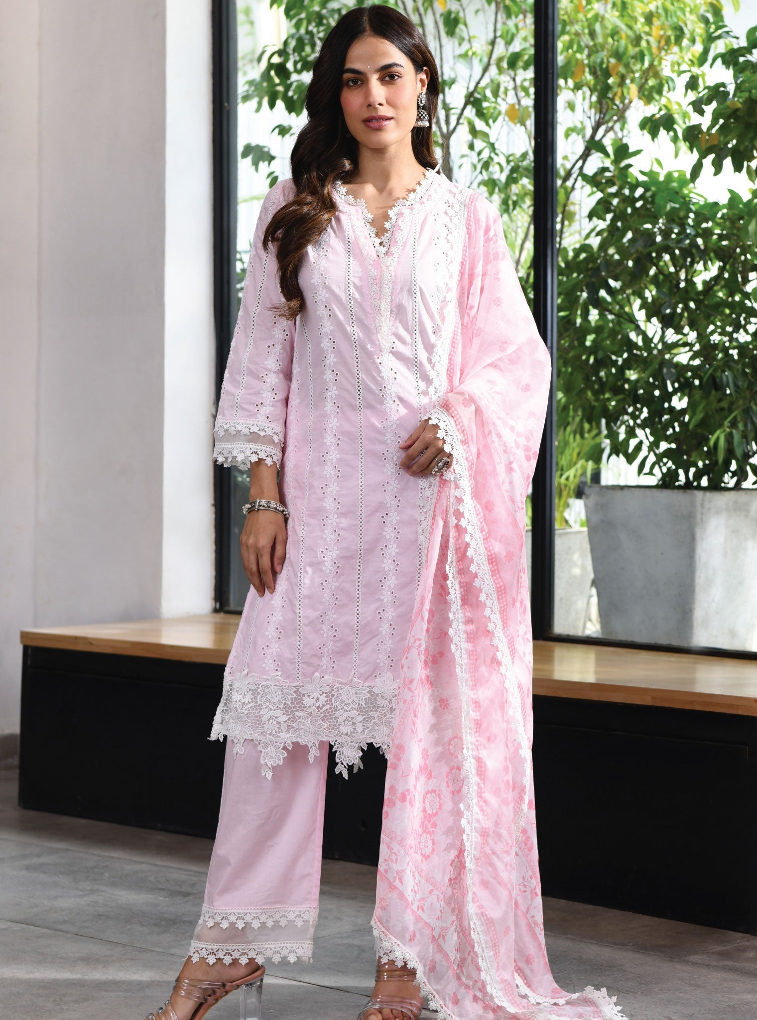 Mulmul Cotton Barnet Pink Kurta With Barnet Pink Pant