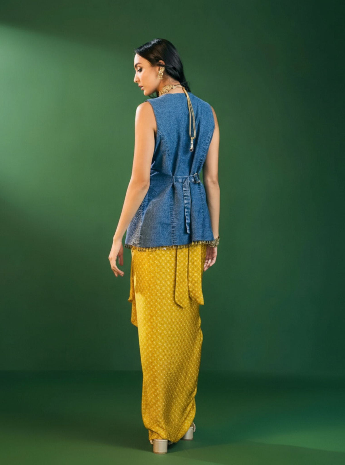 Lunira Denim Waistcoat With Cupro Satin Printed Mustard Draped Skirt