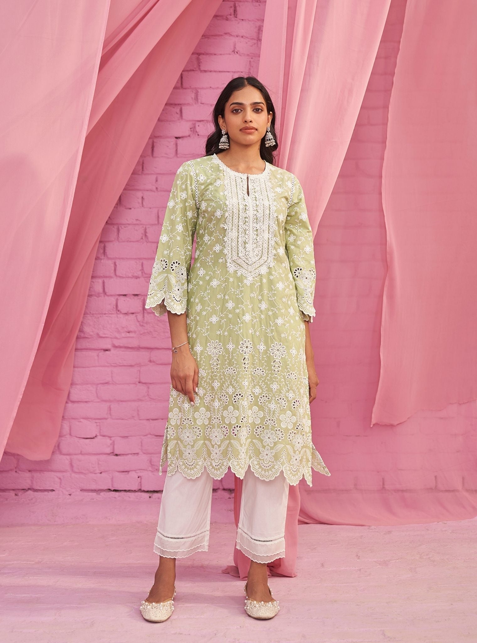 Mulmul Cotton Gauri Light Green Kurta