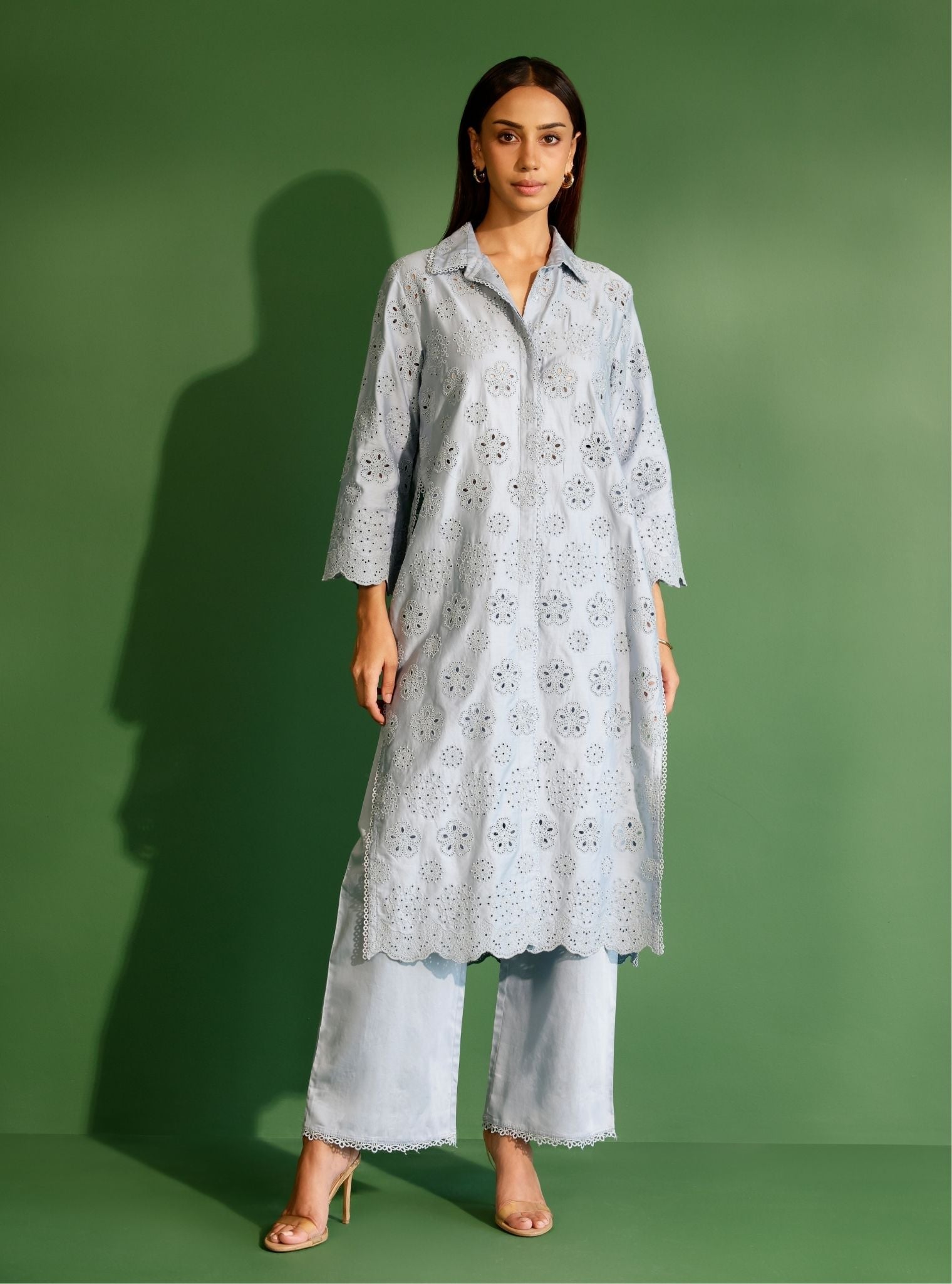 Mulmul Pima Satin Harriet Blue Kurta with Mulmul Pima Satin Harriet Blue Pant