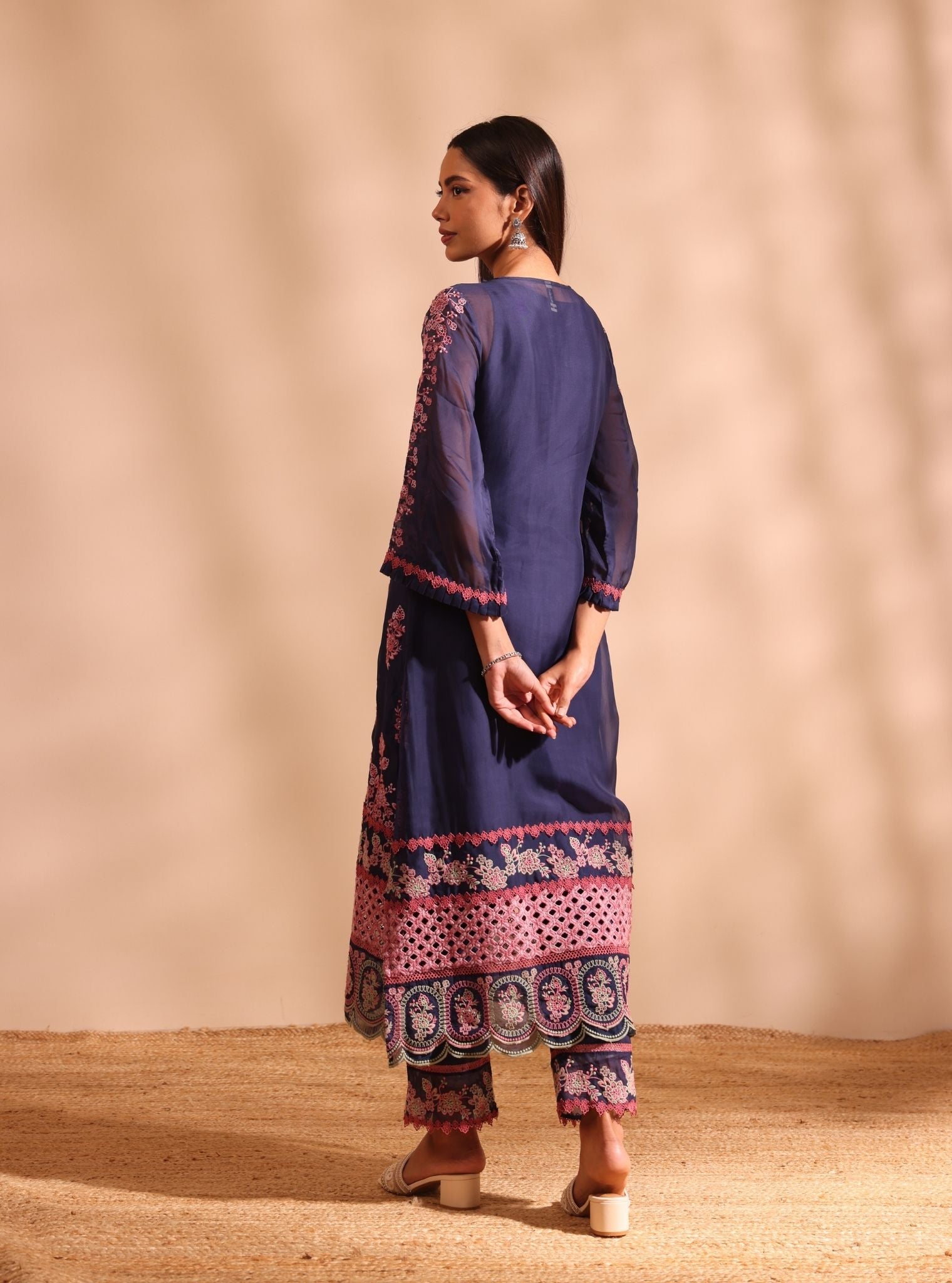 Mulmul Organza Valara Navy Kurta With Mulmul Cotton Valara Navy Pant