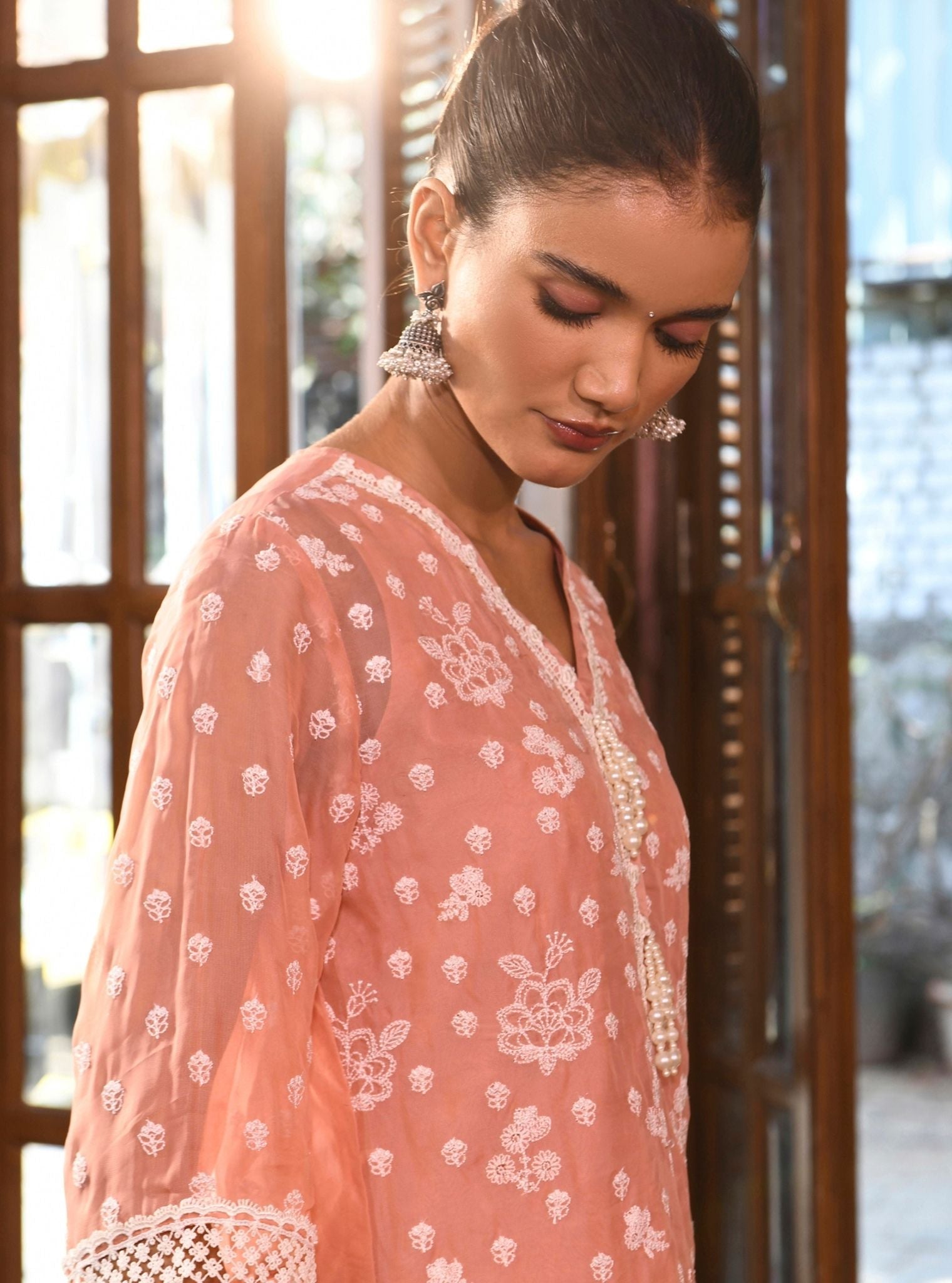 Mulmul Organza Aylin Peach Kurta With Mulmul Cotton Aylin Peach Dhoti Pant