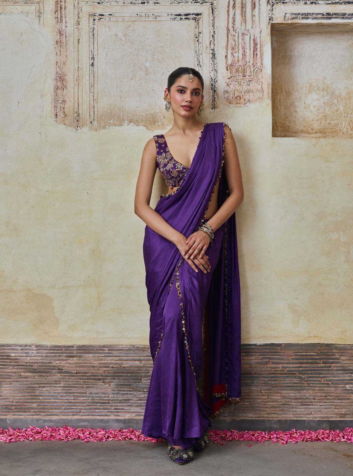 Saawari Cupro Satin Purple Pre-draped Saree