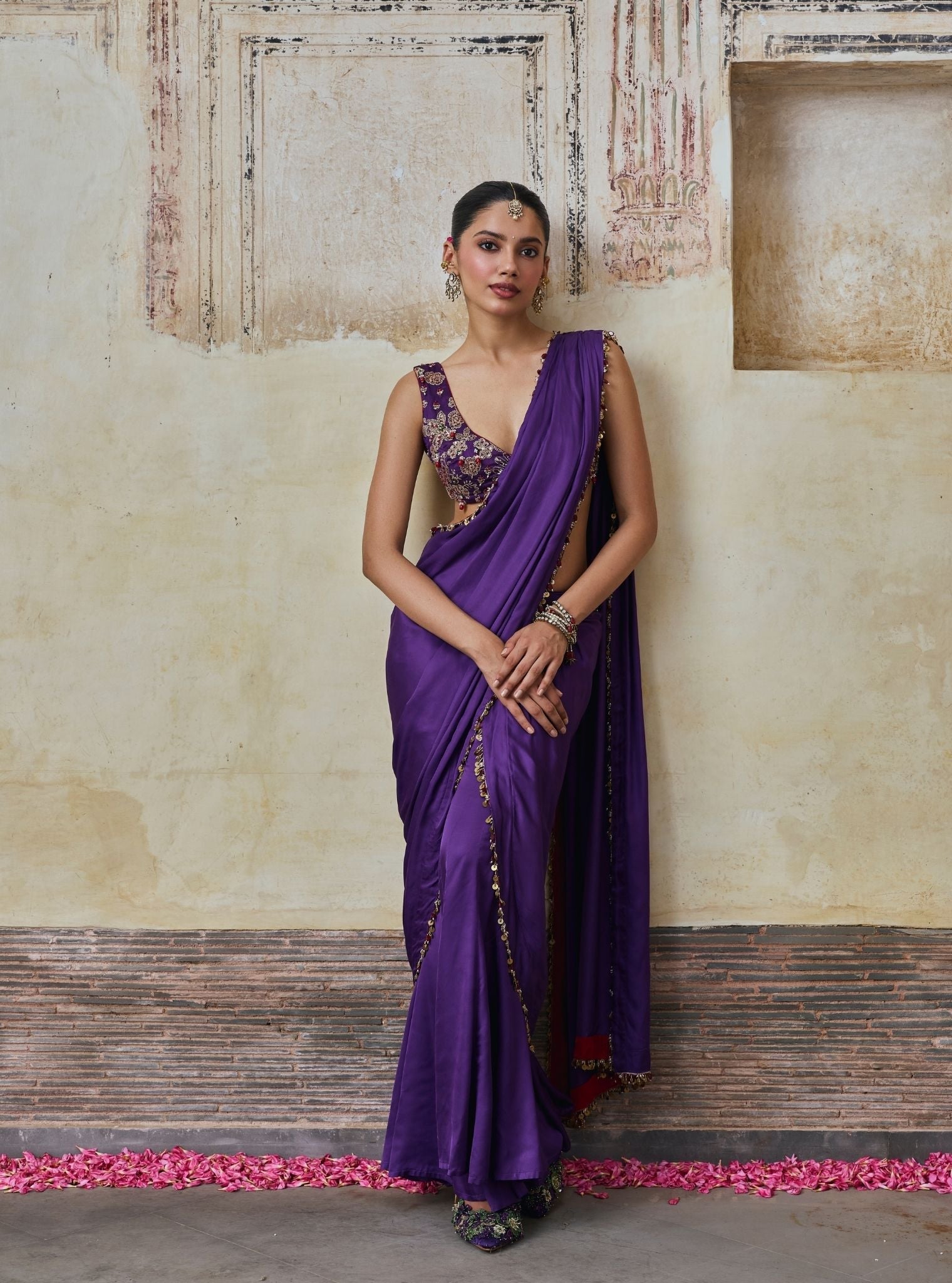 Saawari Cupro Satin Purple Pre-draped Saree