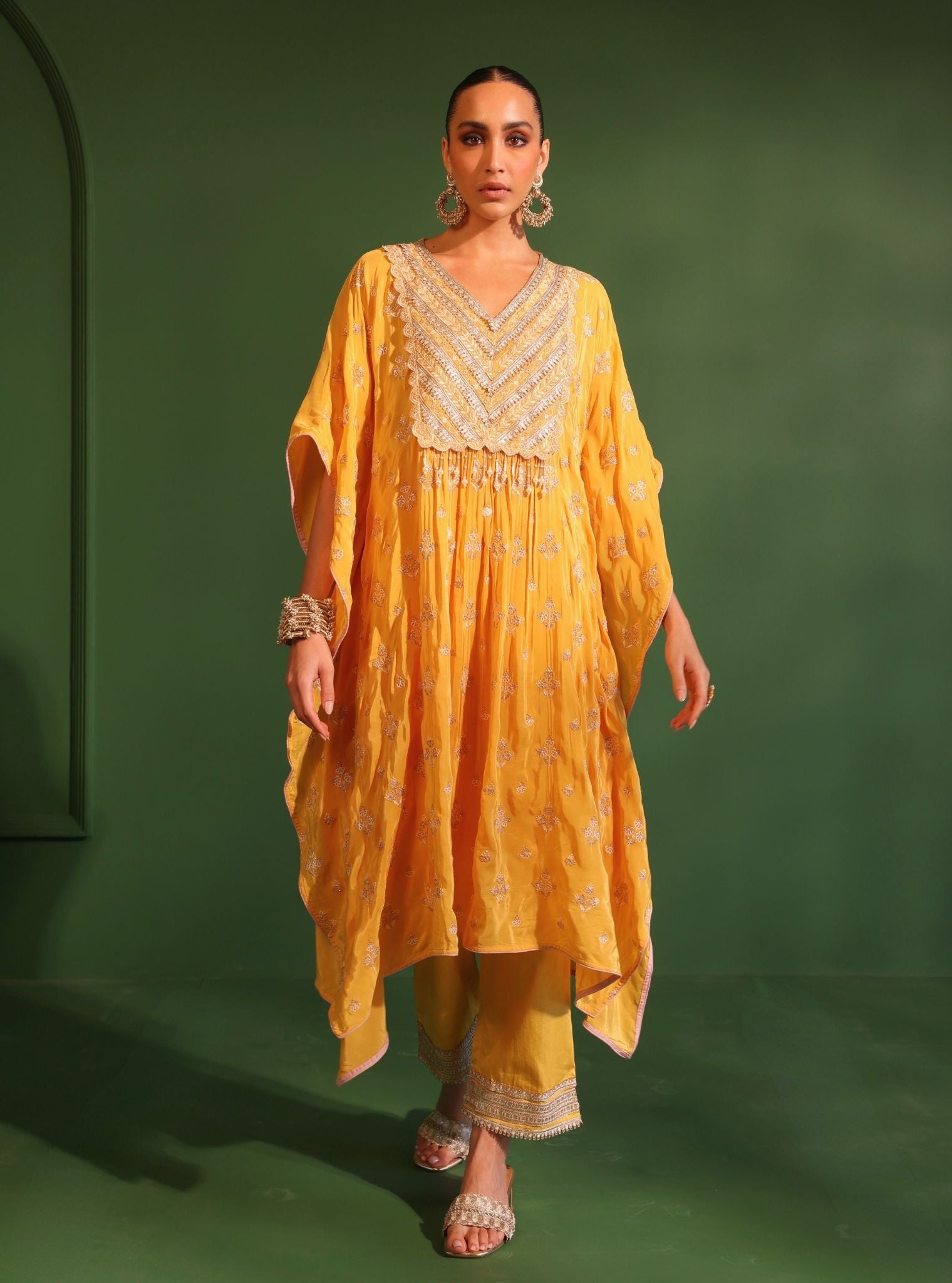 Mulmul Crepe Janam Yellow Kaftan With Mulmul Pima Satin Janam Yellow Pant