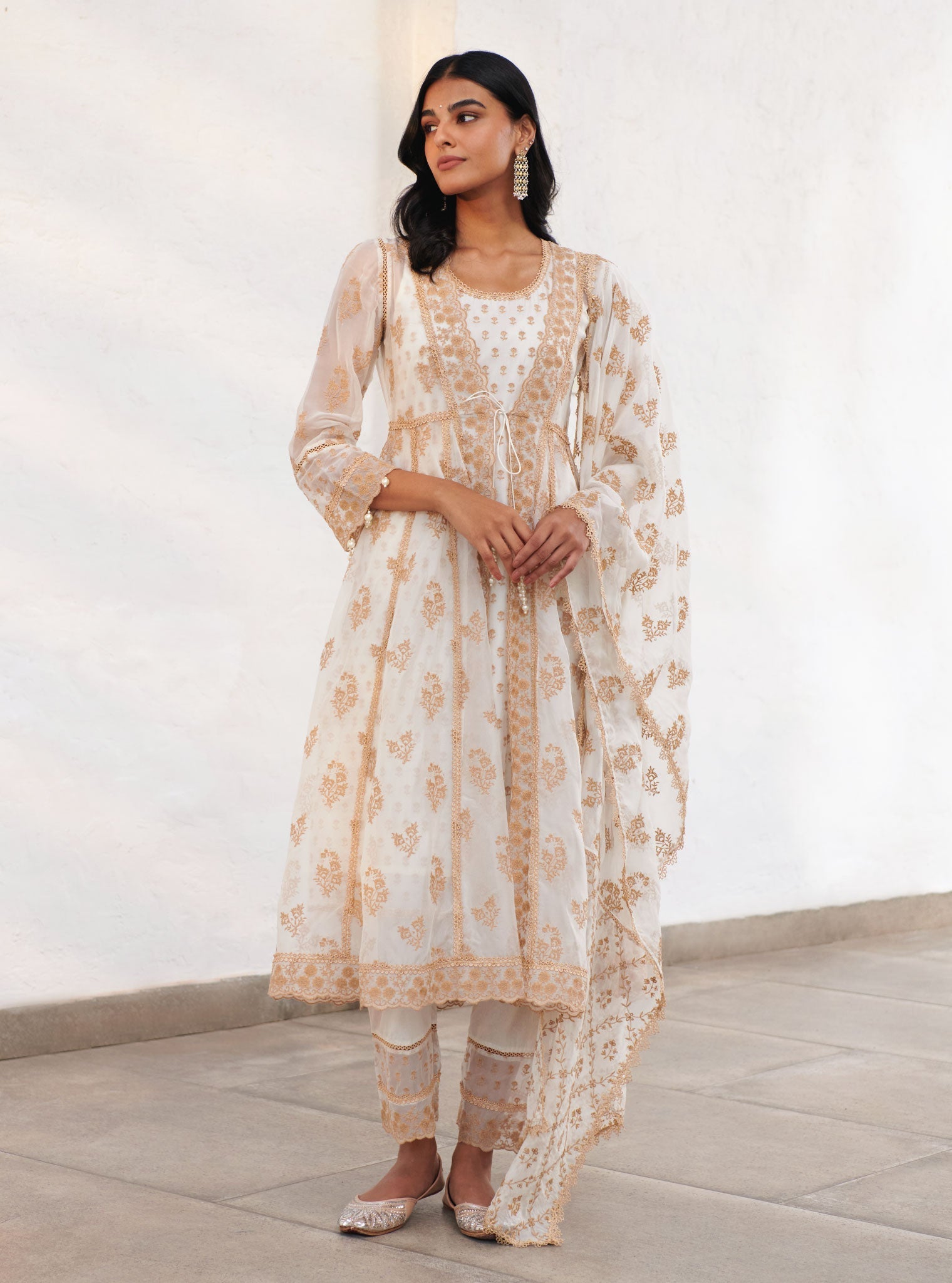 Mulmul Organza Aberdeen Off White Anarkali Kurta with Organza Jacket With Cotton Aberdeen Off White Pant