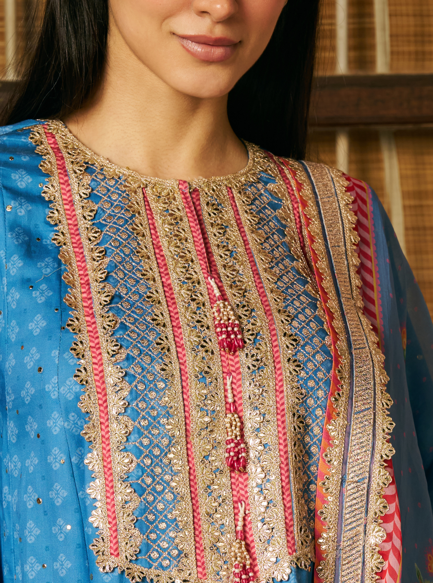 Maitri Pima Satin Steel Blue Kurta Set