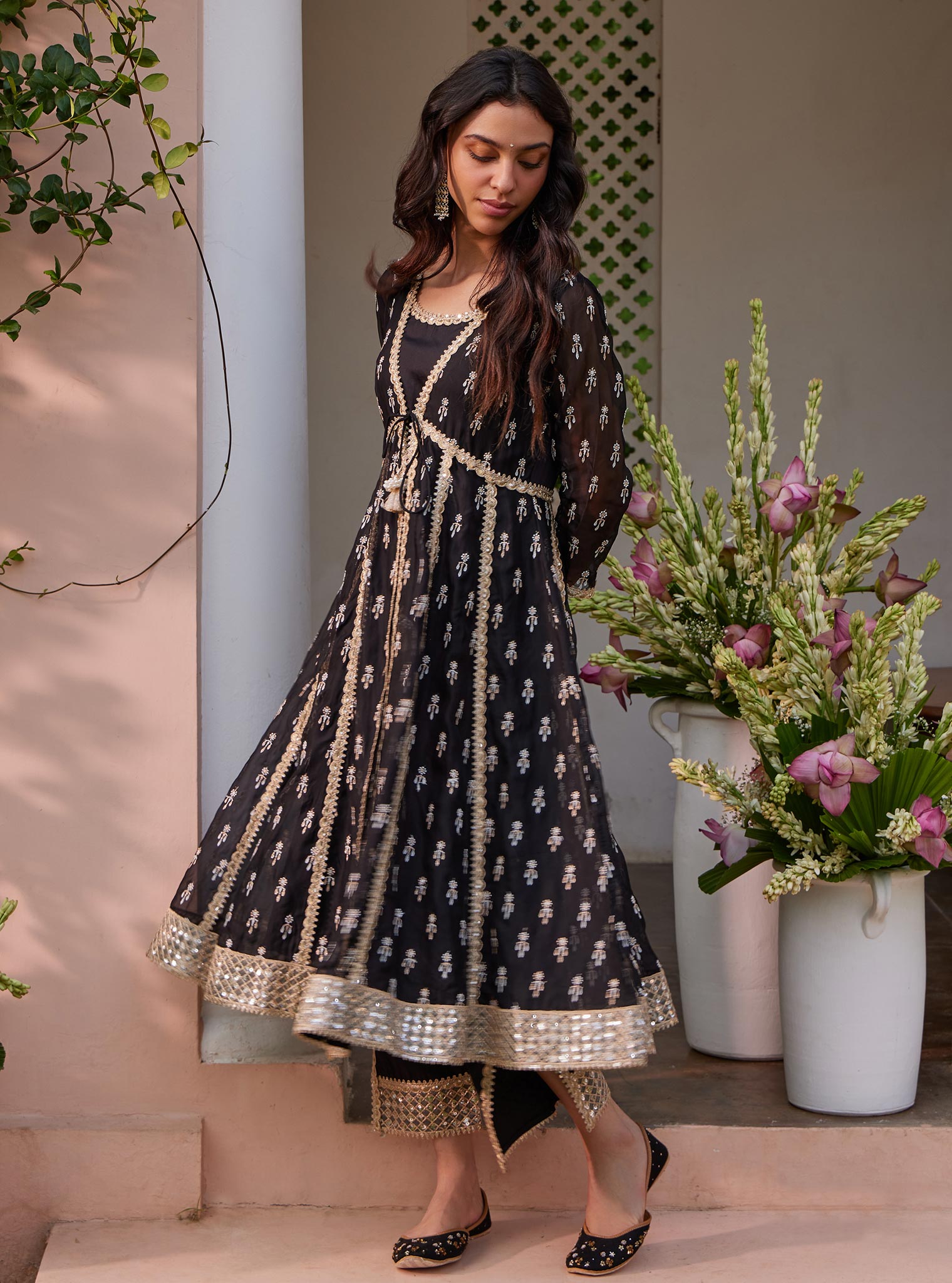 Mulmul Organza Samici Black Anarkali Kurta With Mulmul Pima Samici Black Pant