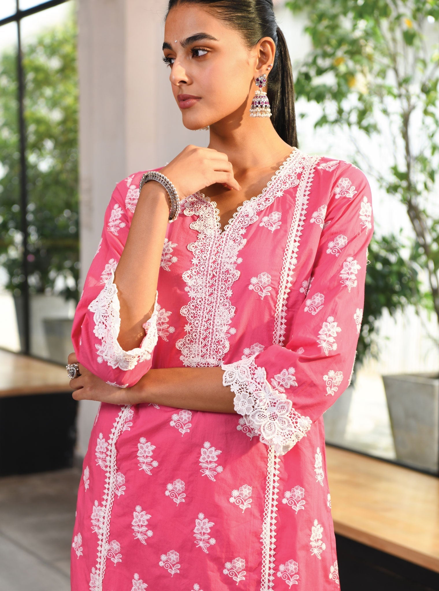 Mulmul Cotton Lisburn Fuchsia Kurta With Lisburn Fuchsia Pant