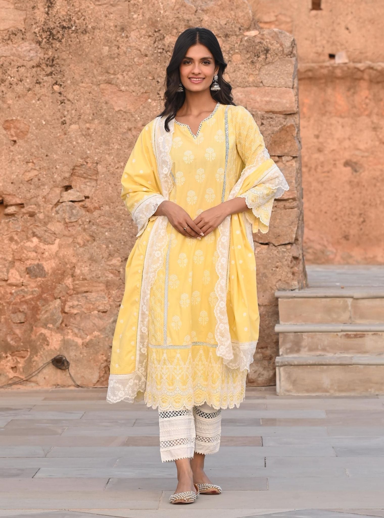 Mulmul Supima Satin Blair Yellow Kurta With Multi Lace Slim White Pant