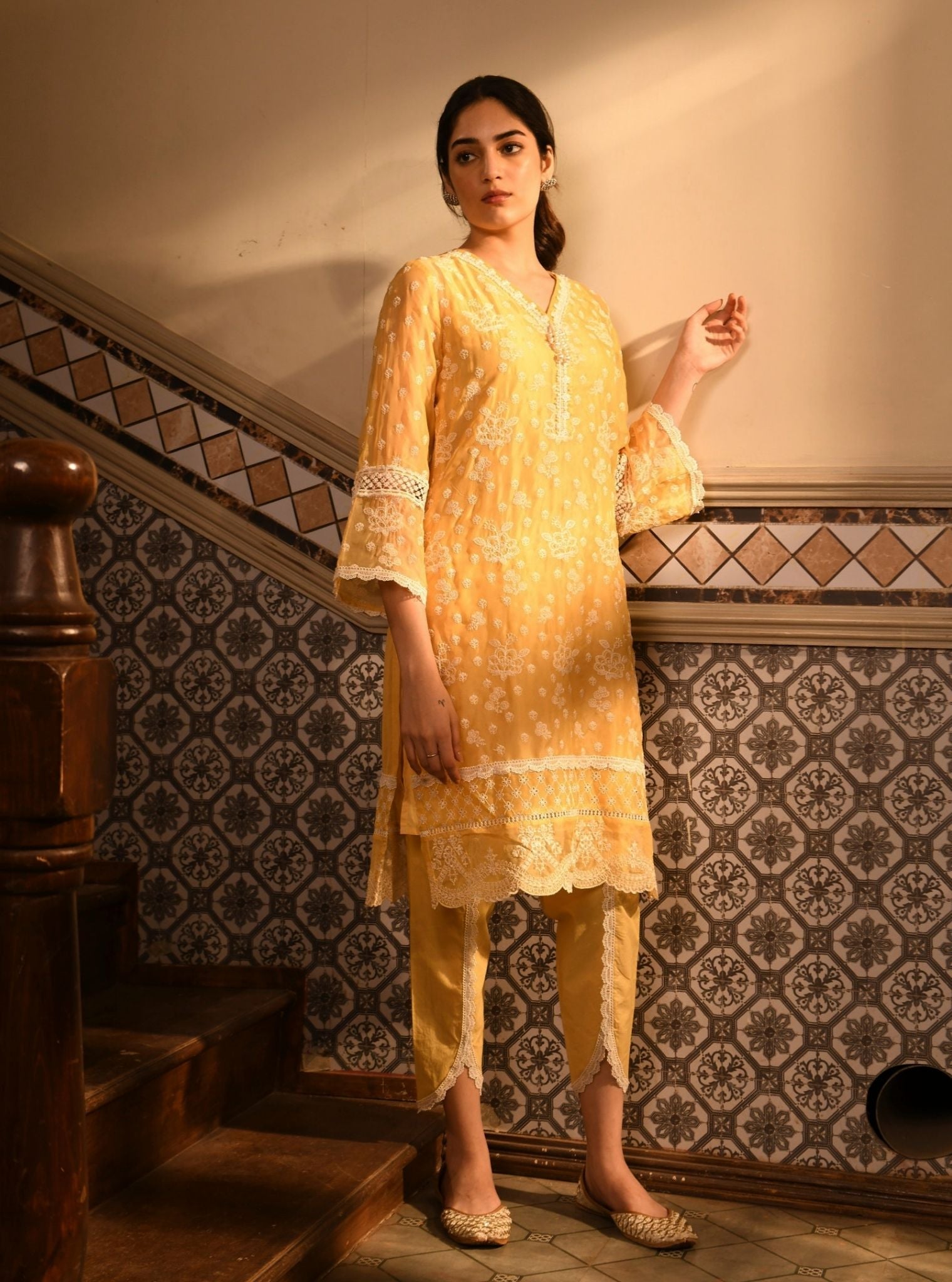 Mulmul Organza Aylin Yellow Kurta With Mulmul Cotton Aylin Yellow Dhoti Pant