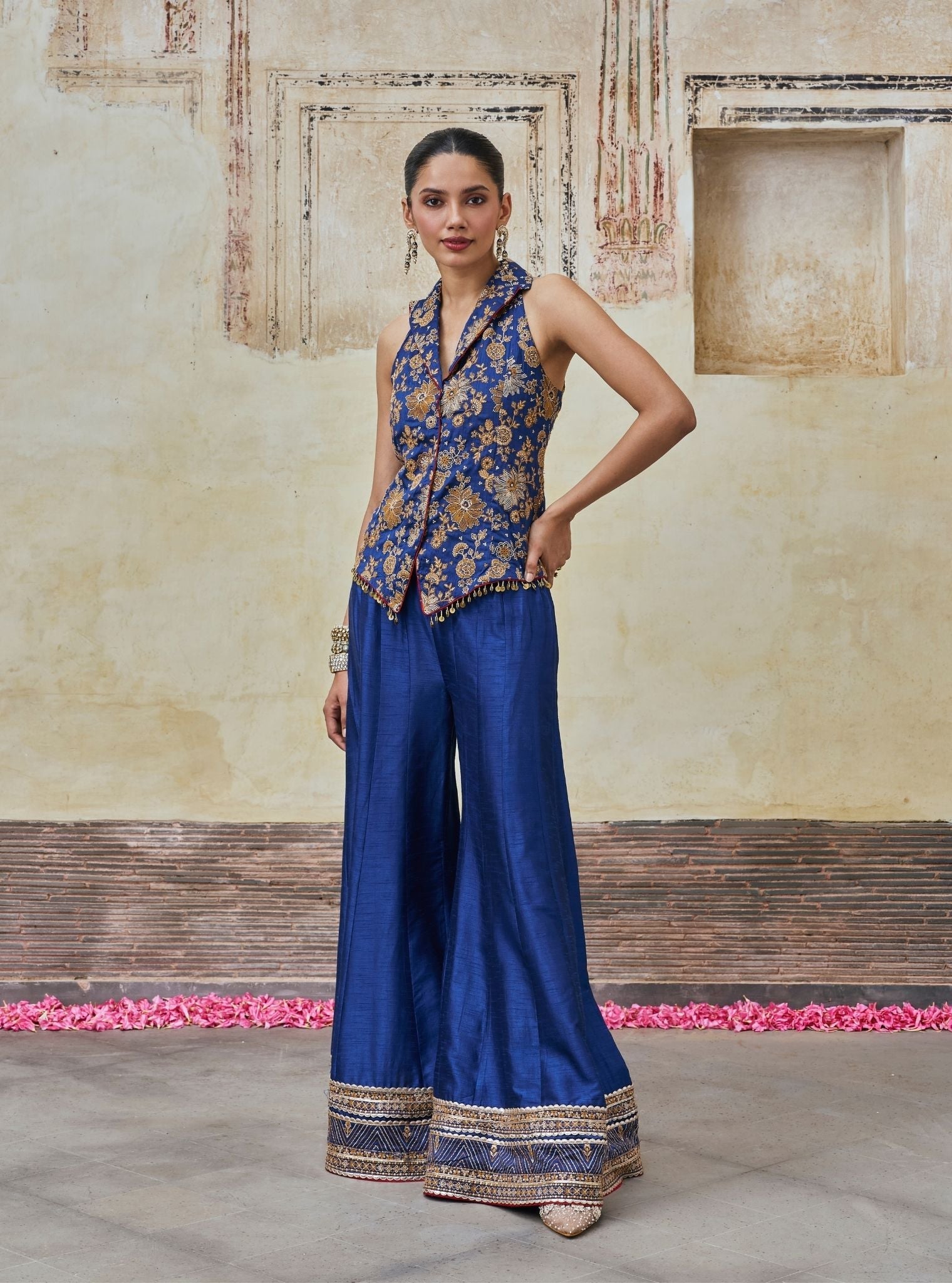 Kairavi Bemberg Raw Silk Blue Waistcoat & Sharara