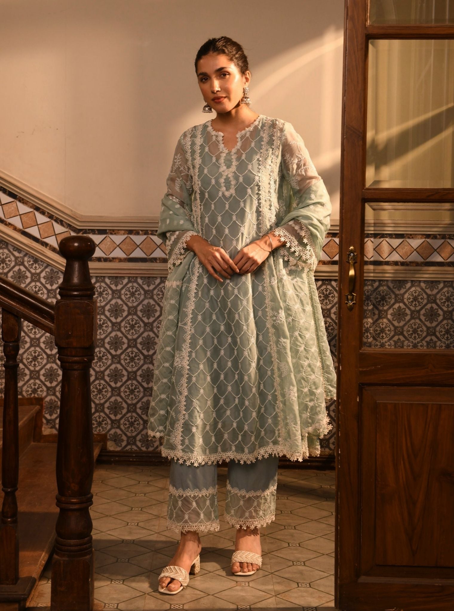 Mulmul Organza Barsin Teal Blue Anarkali Kurta With Mulmul Cotton Barsin Teal Blue Pant