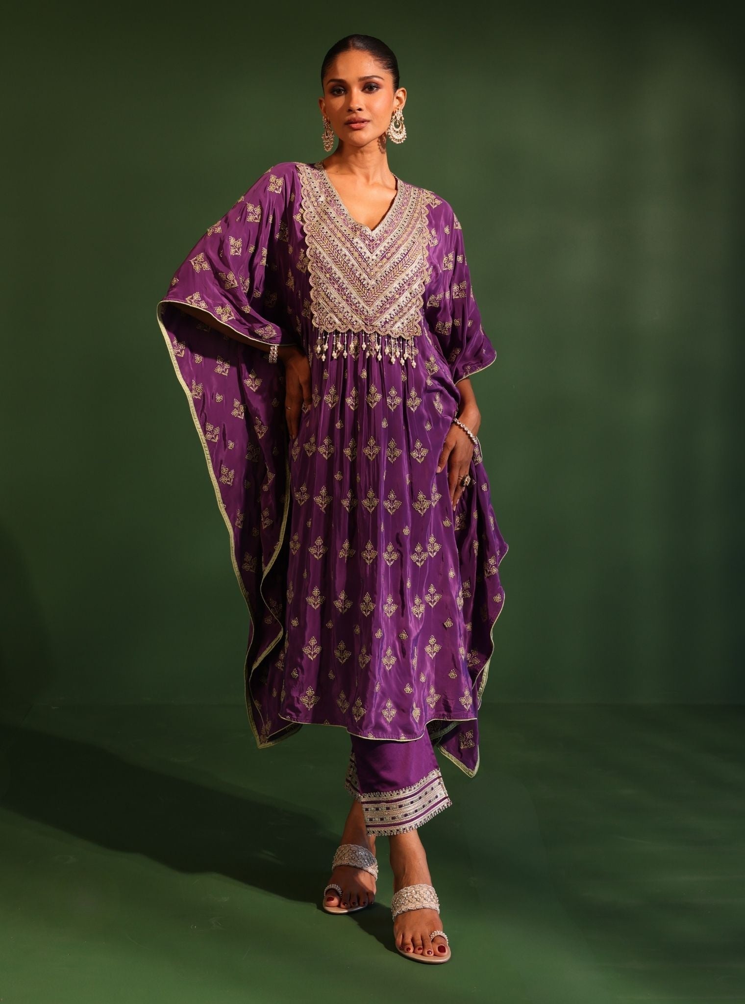 Mulmul Crepe Janam Purple Kaftan With Mulmul Pima Satin Janam Purple Pant