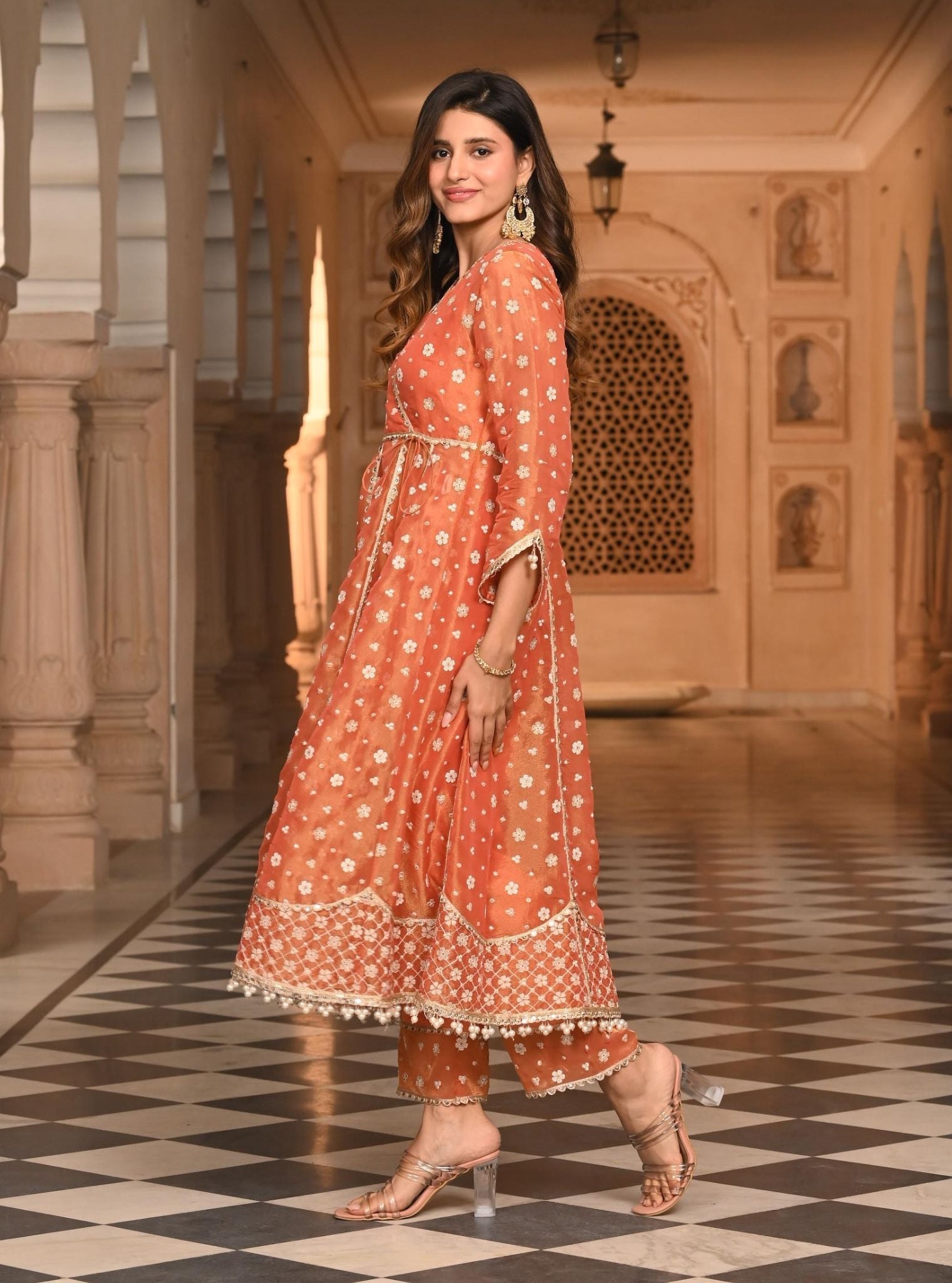 Mulmul Luxe Tissue Majhi Burnt Orange Anarkali Kurta with Mulmul Modal Satin Majhi Burnt Orange Pant