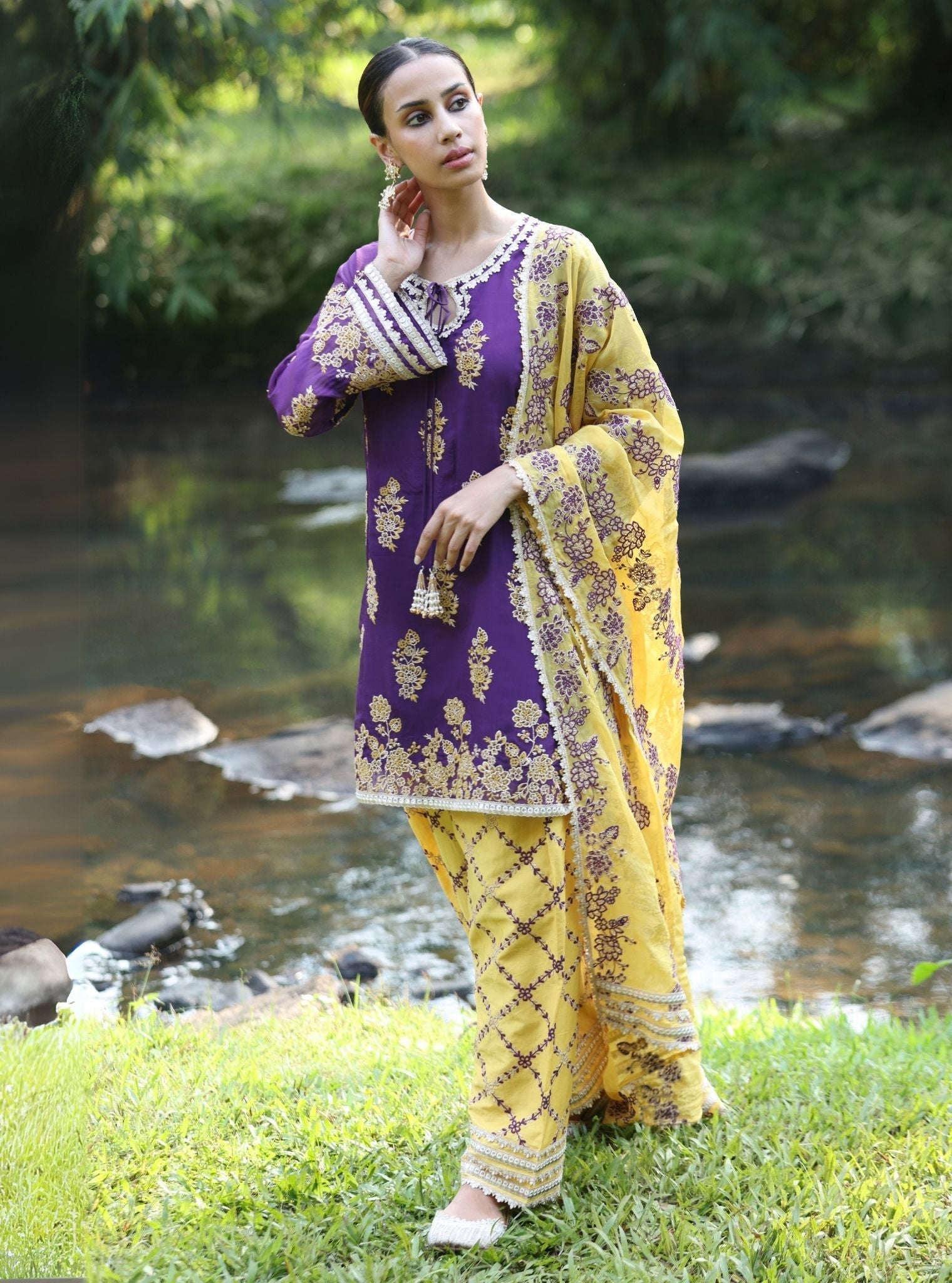 Mulmul Organza Khwab Purple Kurta With Mulmul Pima Satin Khwab Yellow Pant