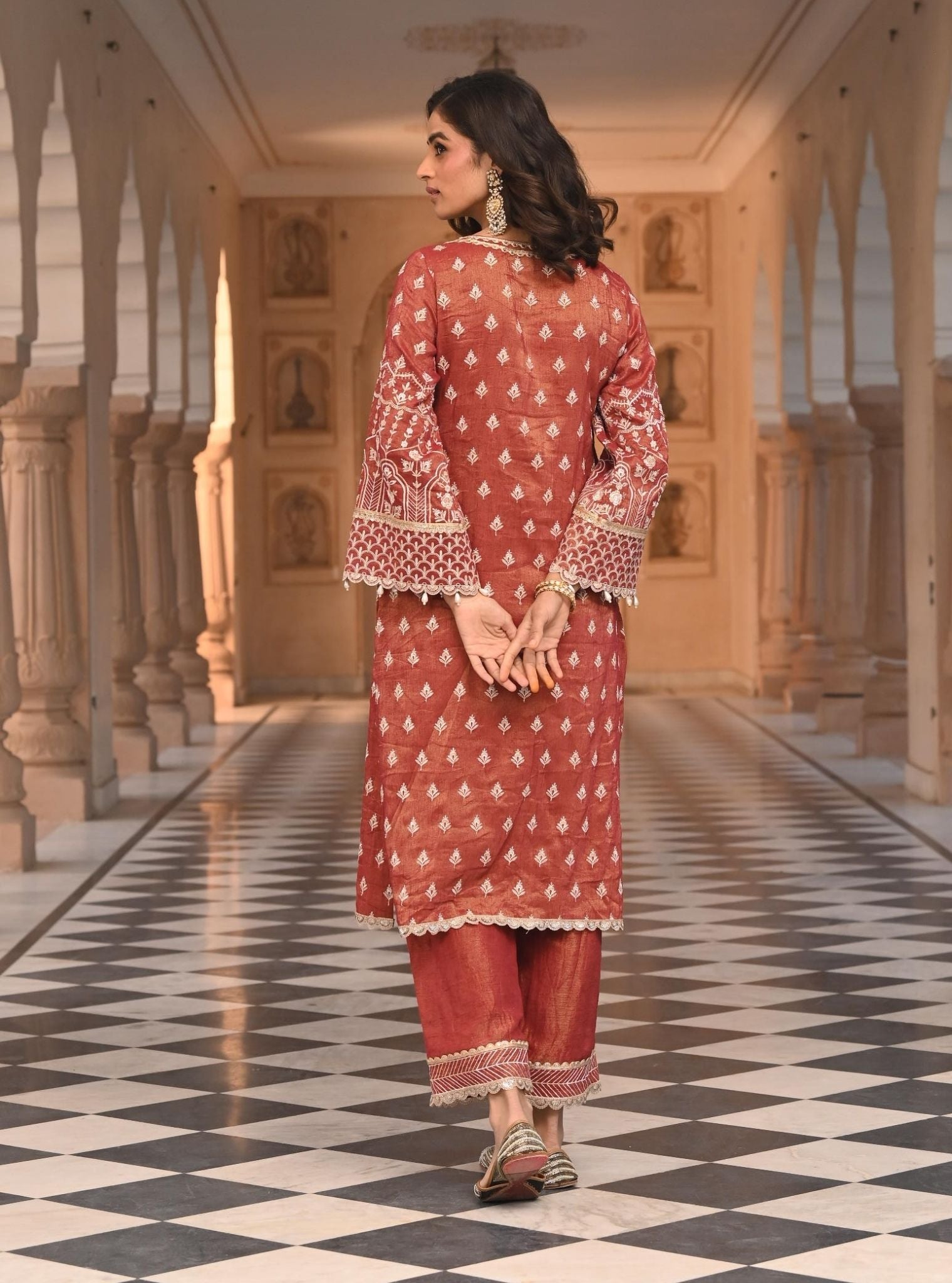 Mulmul Luxe Tissue Satin Dholna Red Kurta with Mulmul Luxe Tissue Satin Dholna Red Pant