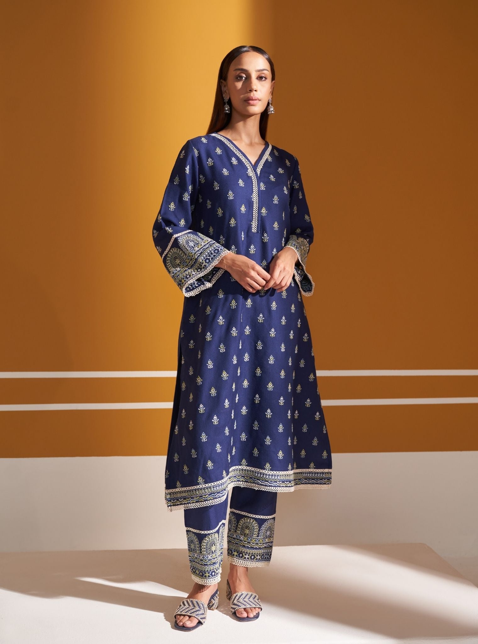 Mulmul Wool Wren Navy Kurta With Mulmul Wool Wren Navy Pant