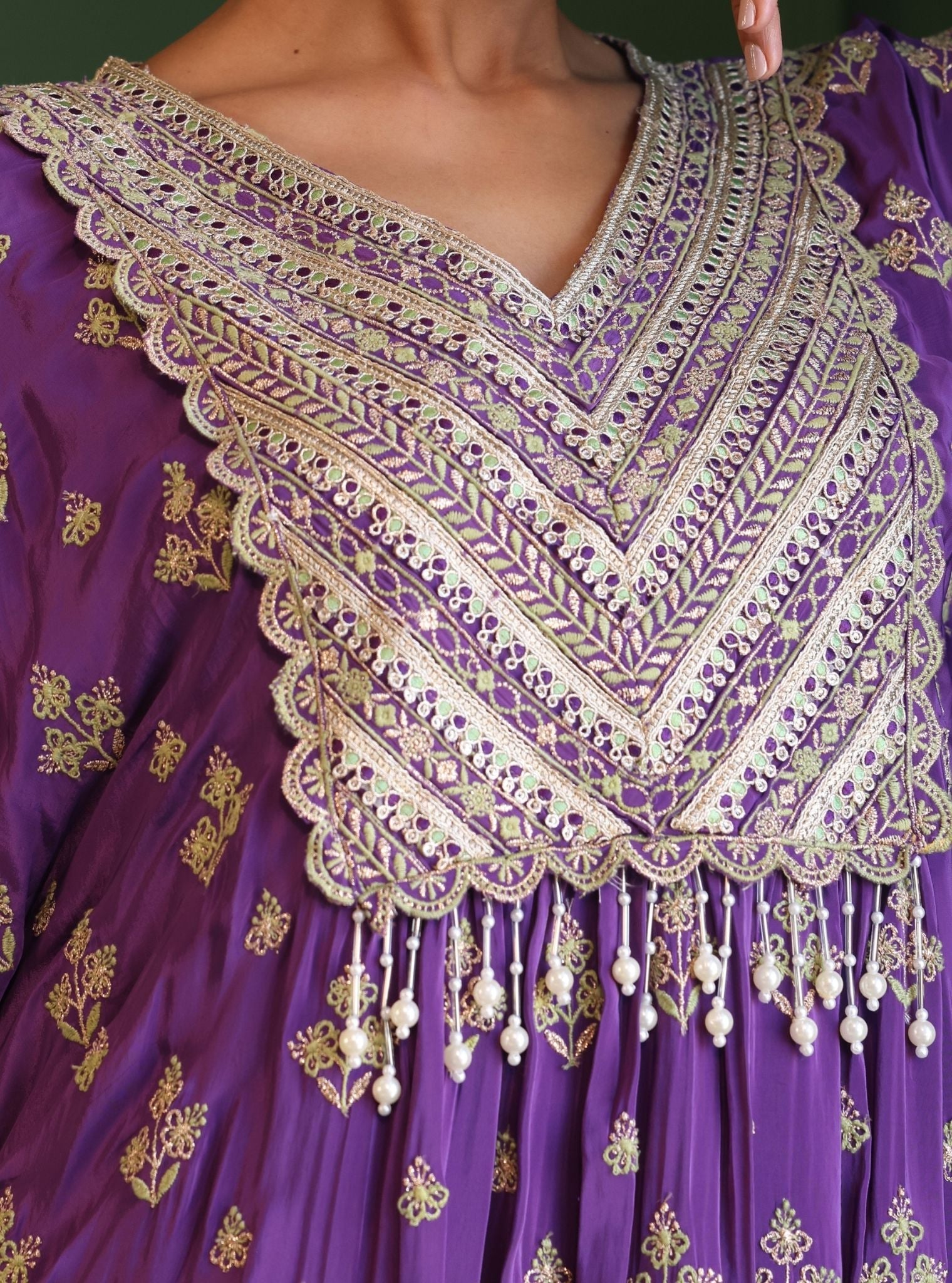 Mulmul Crepe Janam Purple Kaftan With Mulmul Pima Satin Janam Purple Pant